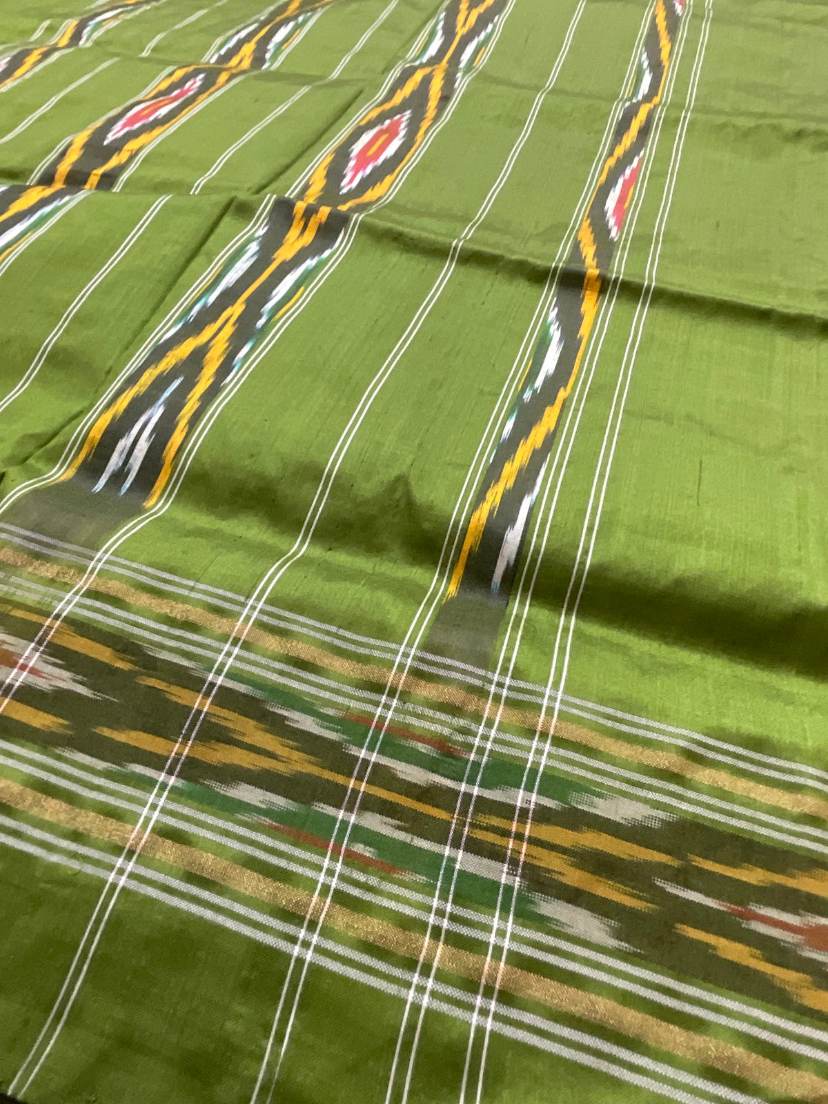 Light Green & Olive Pochampally Ikat Silk Saree — Patola Border & Pallu, Without Blouse