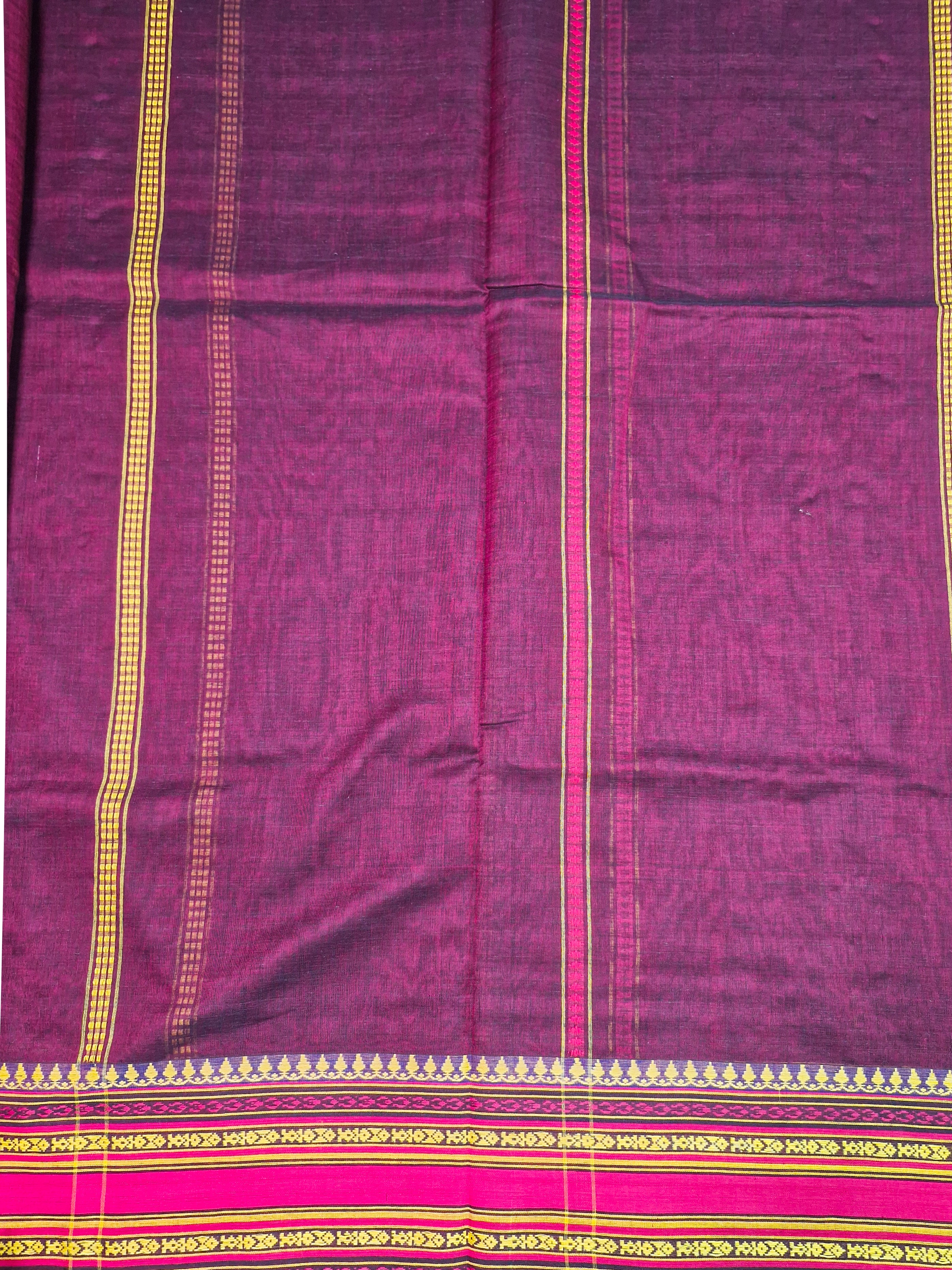 Brown Purple Pochampally Cotton Saree with Pink weaved Border