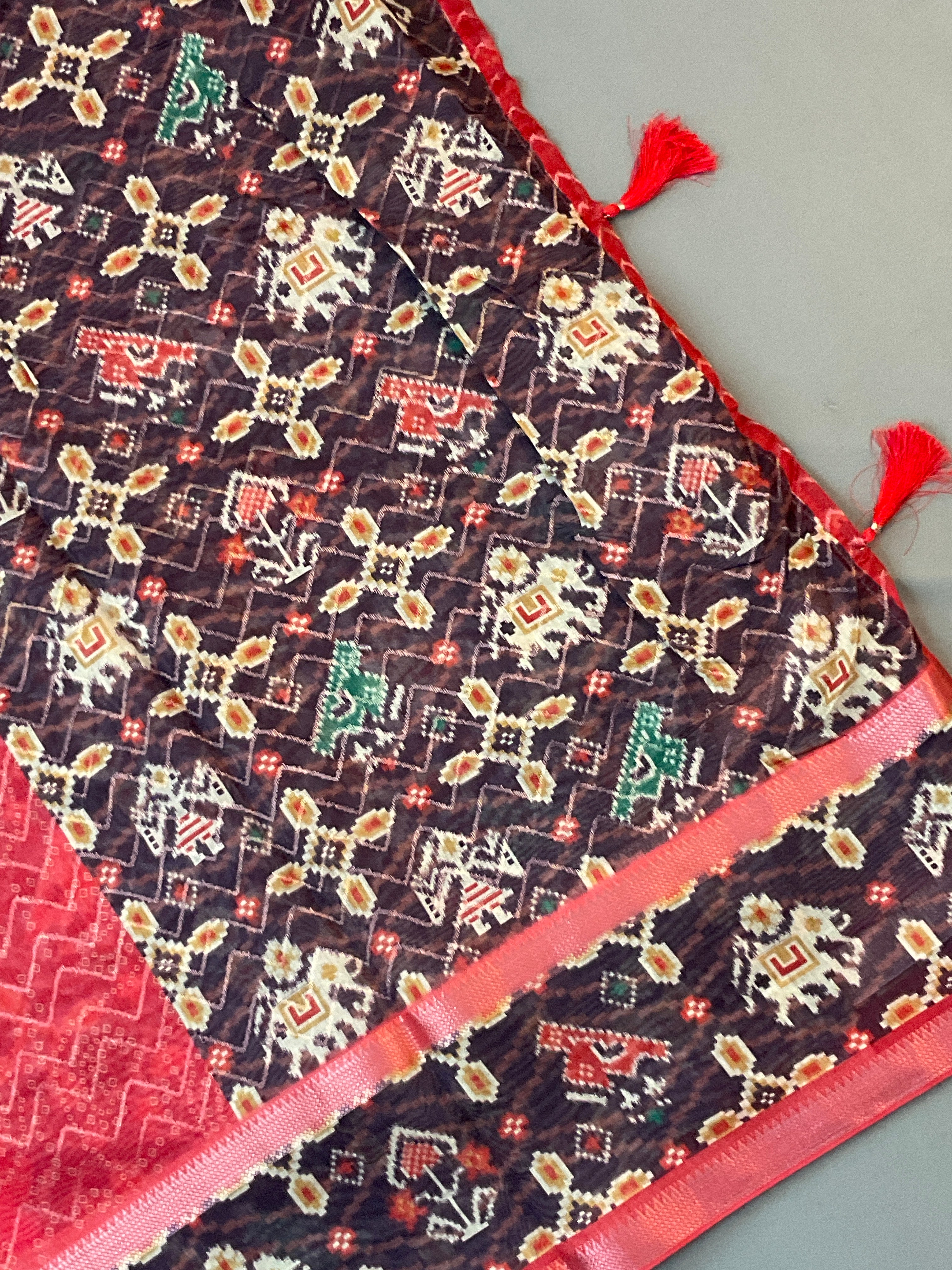 Red Kalamkari Mirror Work Soft Silk Saree with Contrast Pallu