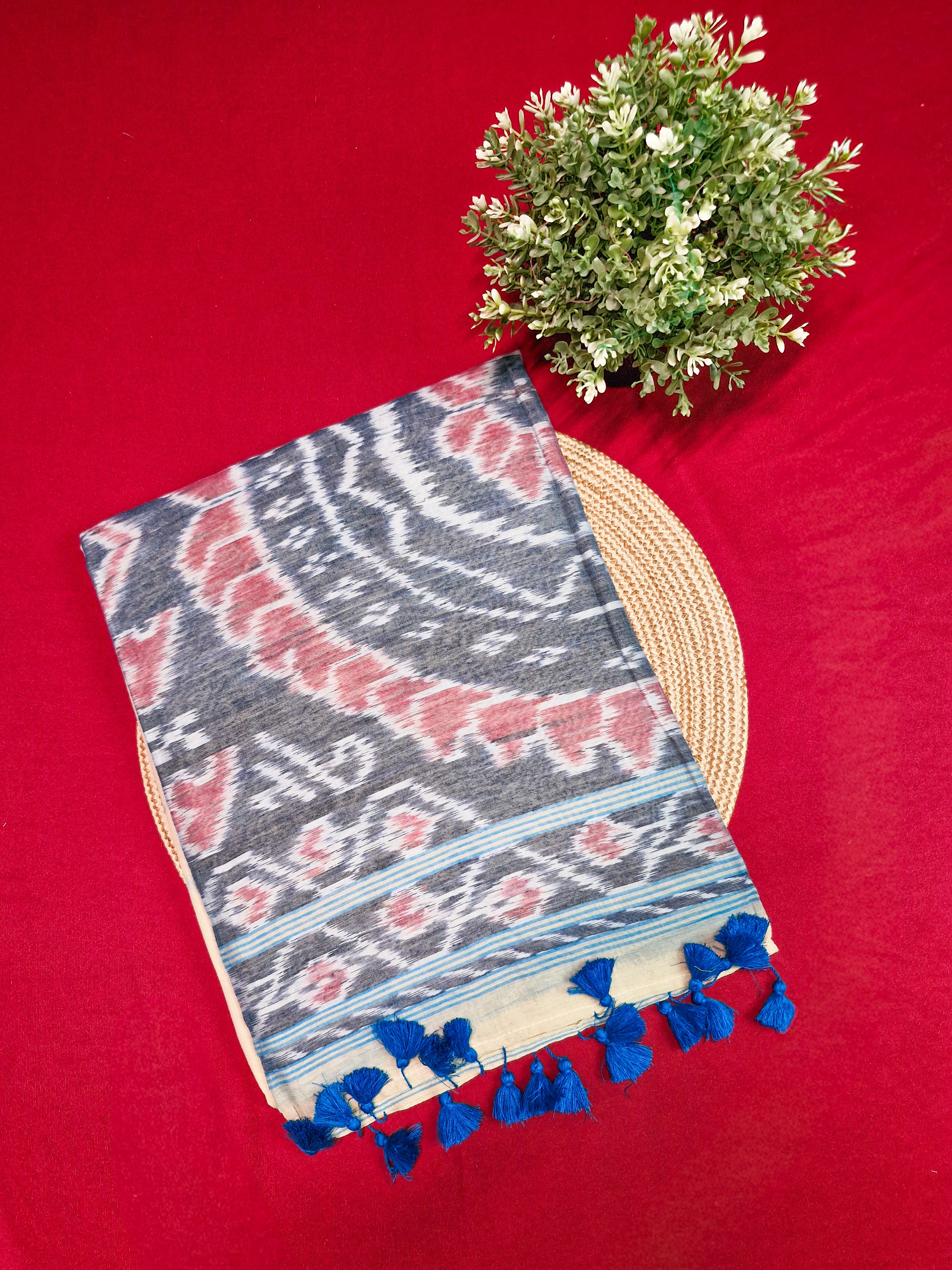 Cream & Grey Handloom Ikat Cotton Saree with Tassel Pallu