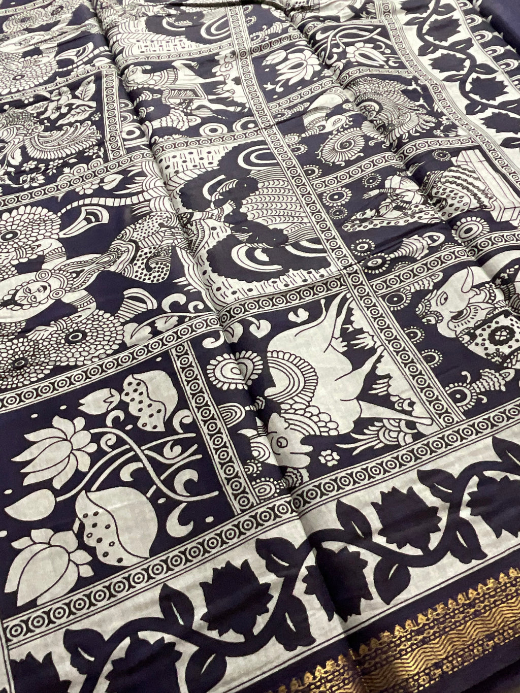 Pedana Kalamkari Hand-Block Soft Silk Saree in Royal Blue with Navy Designer Pallu & Gold Border