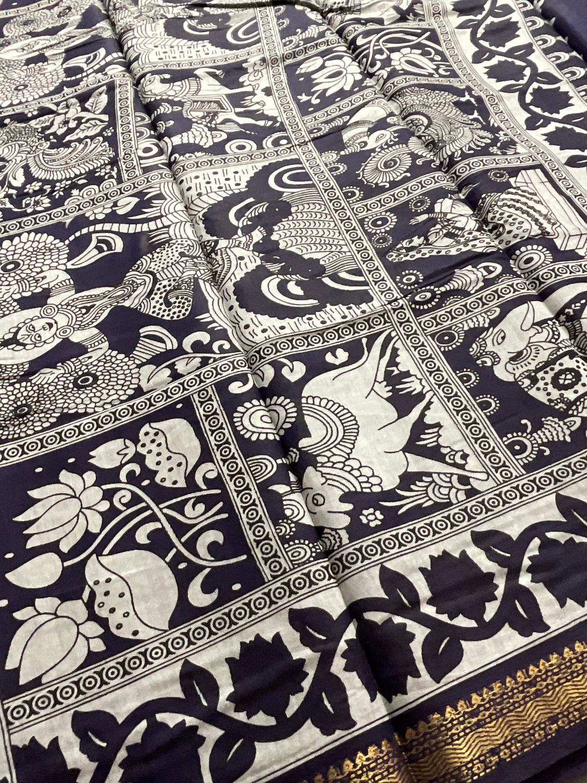 Pedana Kalamkari Hand-Block Soft Silk Saree in Royal Blue with Navy Designer Pallu & Gold Border