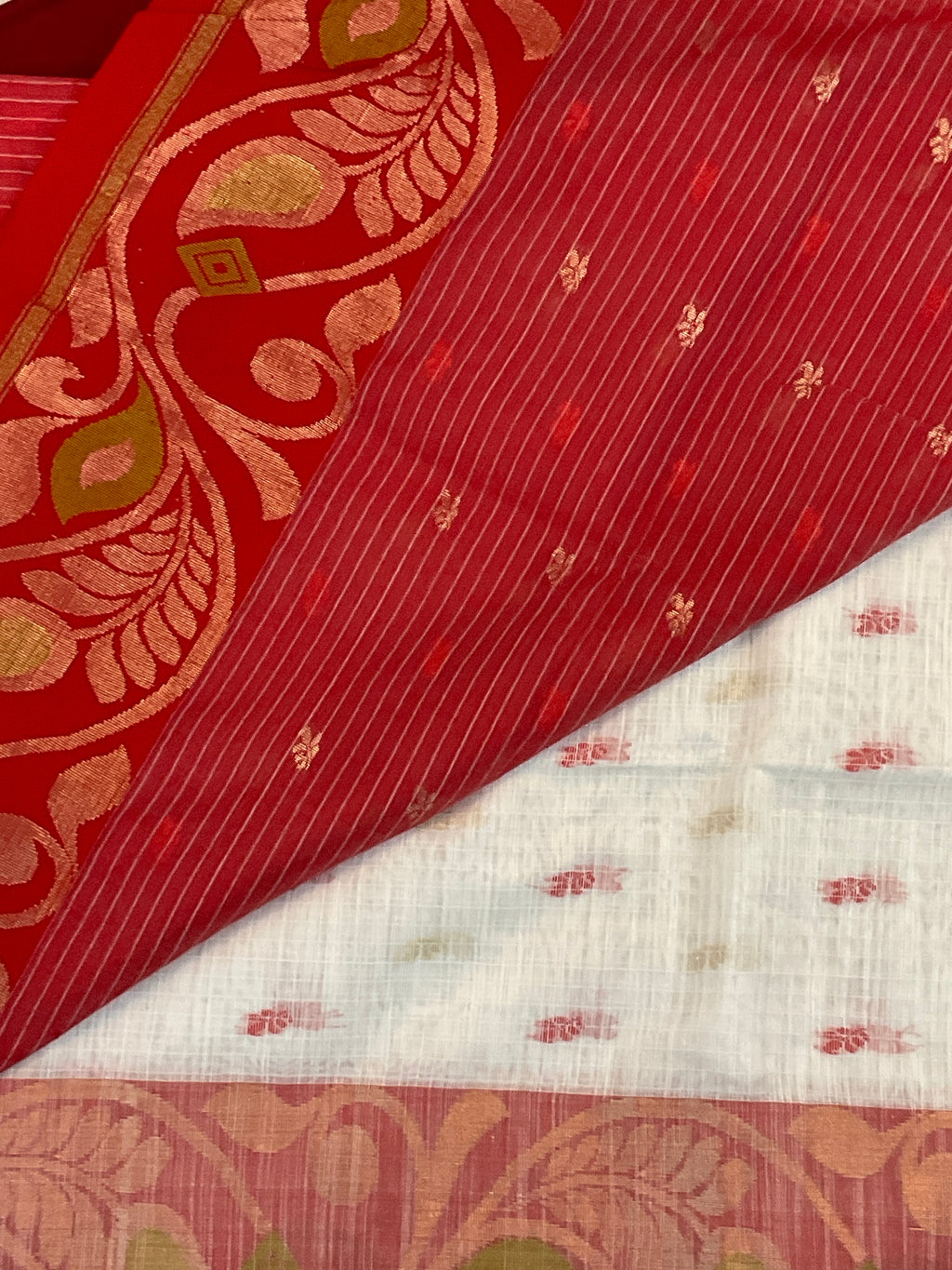 Ivory & Red Pochampally Kota Cotton Saree with Zari Buttas
