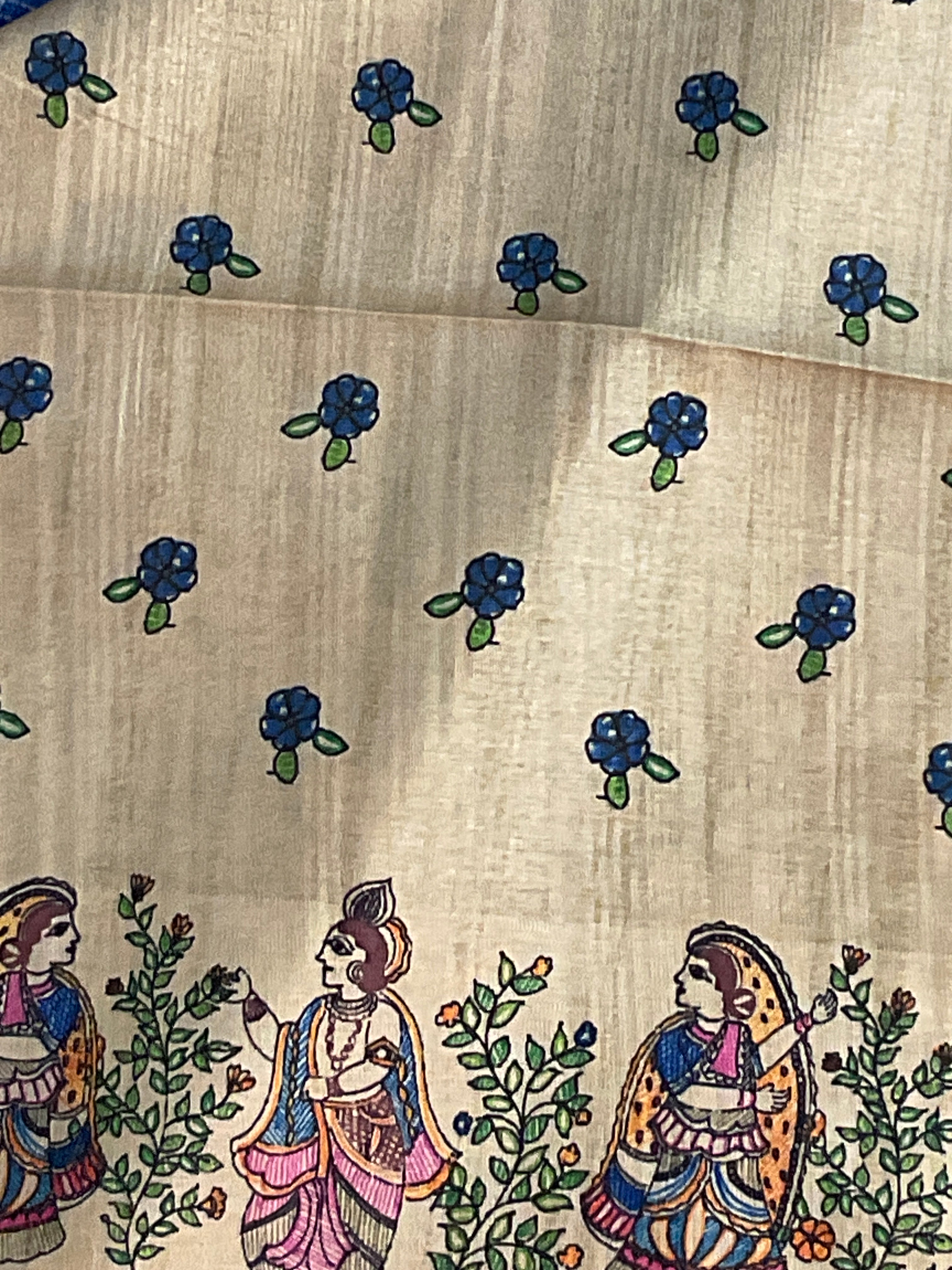 Kalamkari Hand Block Printed Handloom Silk Saree in Blue with Designer Pallu & Blouse