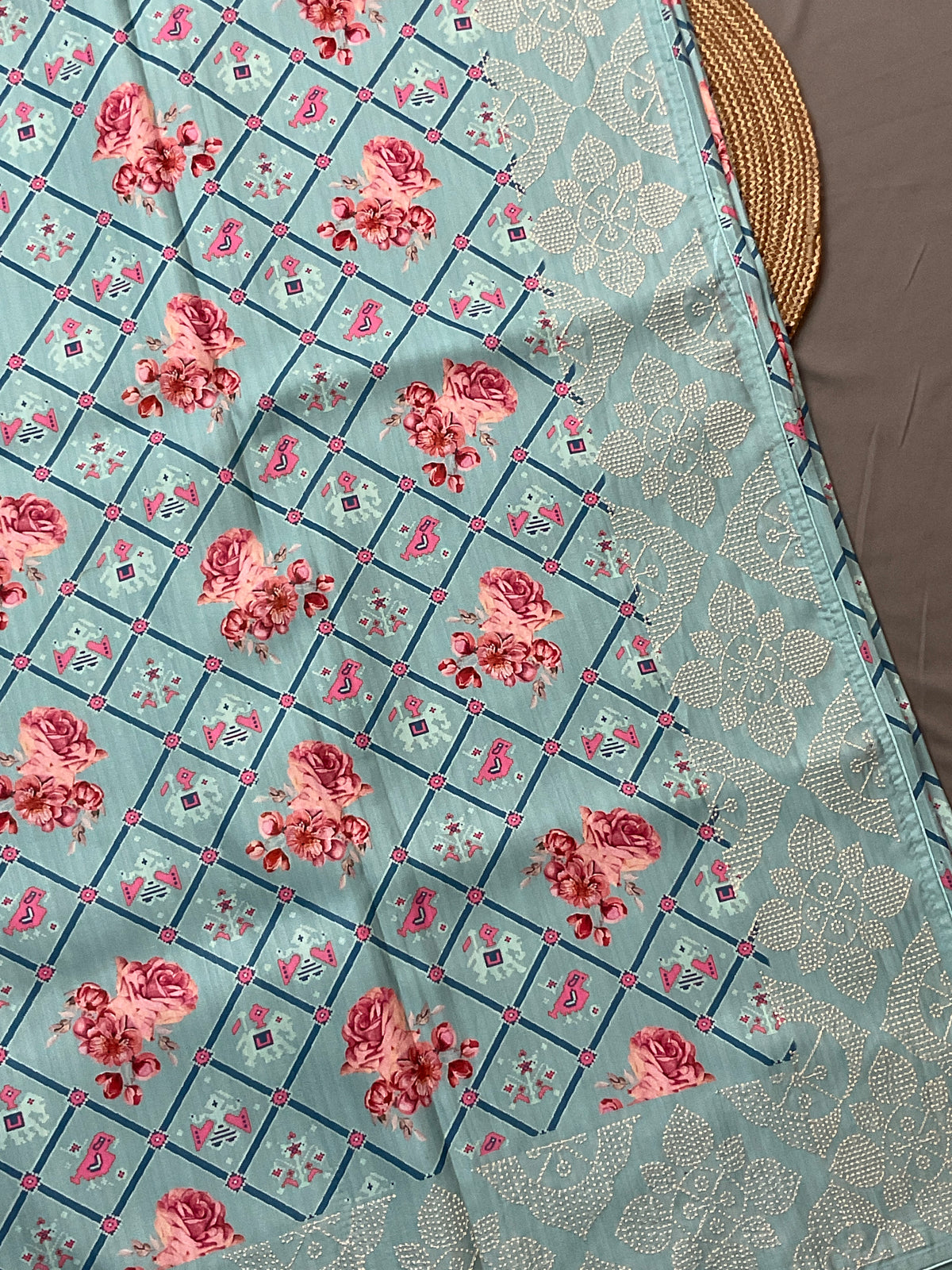 Sky Blue Printed Silk Saree with Ikat and Floral Motifs