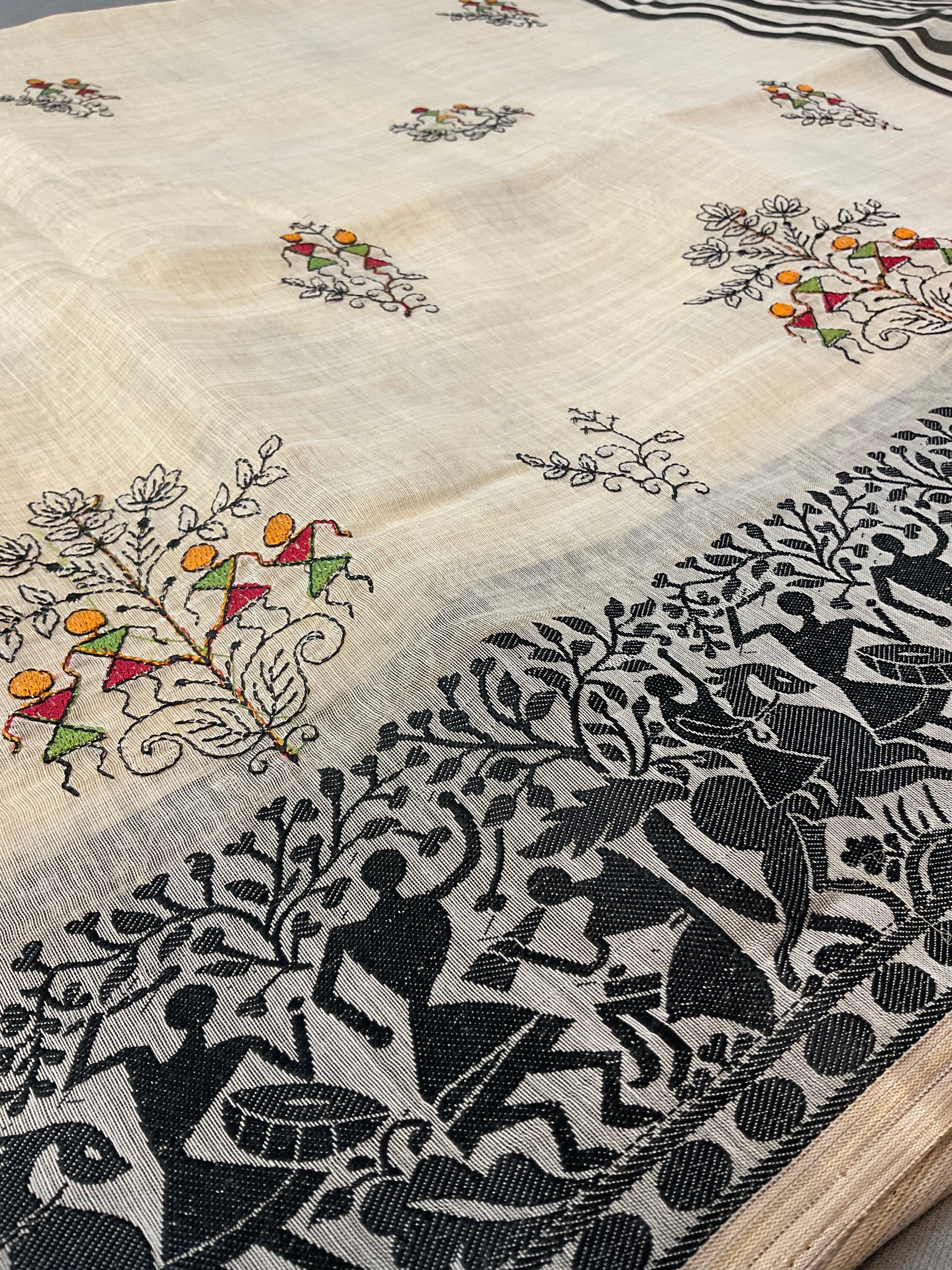 Kalamkari Hand Embroidery Cotton-Linen Saree – Off-White with Black Vareli Embroidery & Blouse