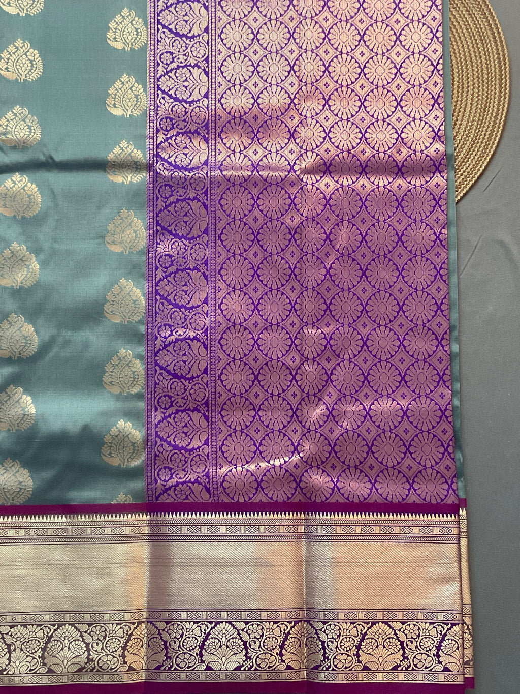 Kanchipuram Pattu Silk Saree in Grey with Contrast Pallu & Kanchi Border Blouse