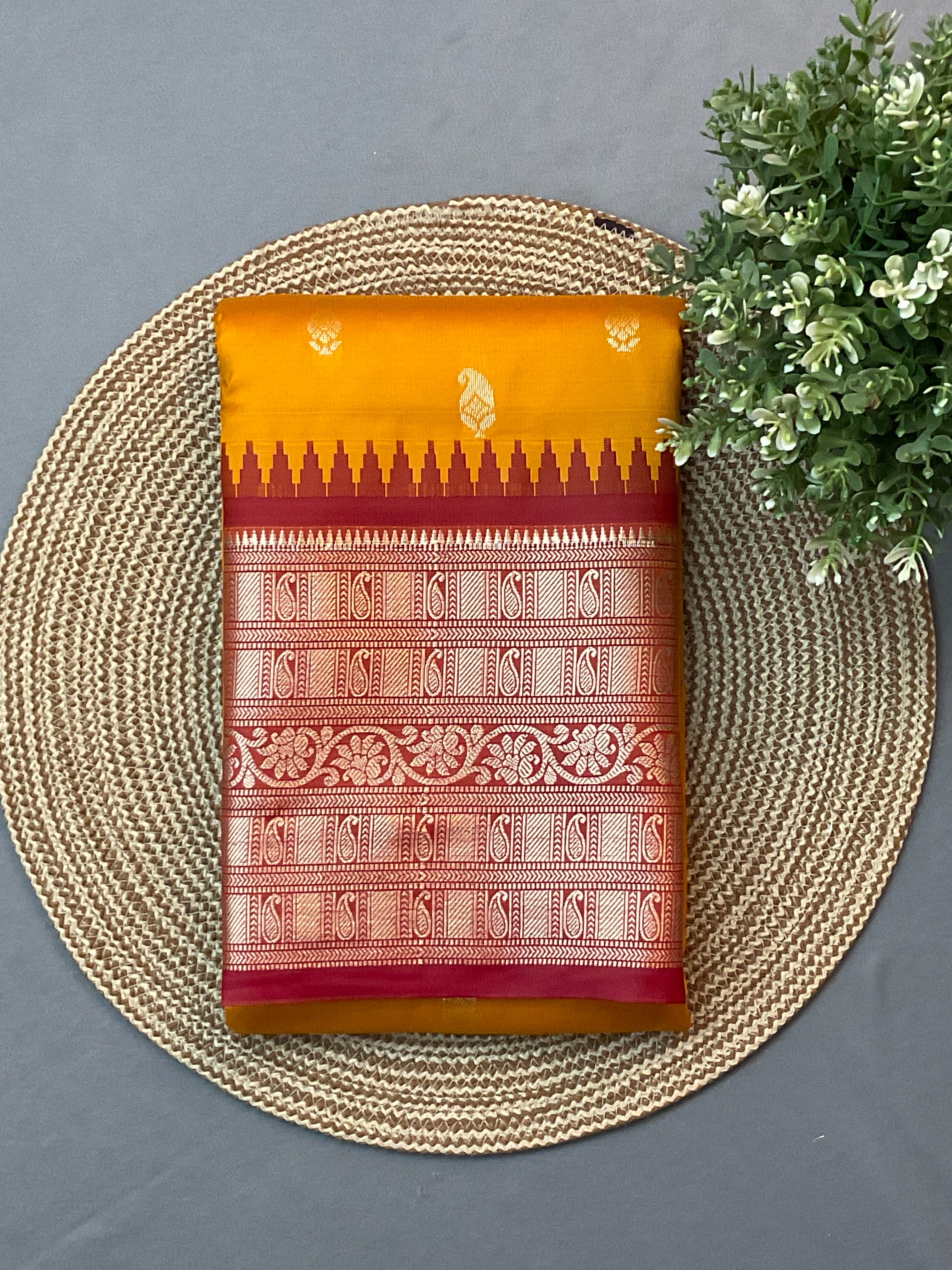 Kanchipuram Pattu Silk Saree in Mustard with Contrast Pallu & Kanchi Border Blouse