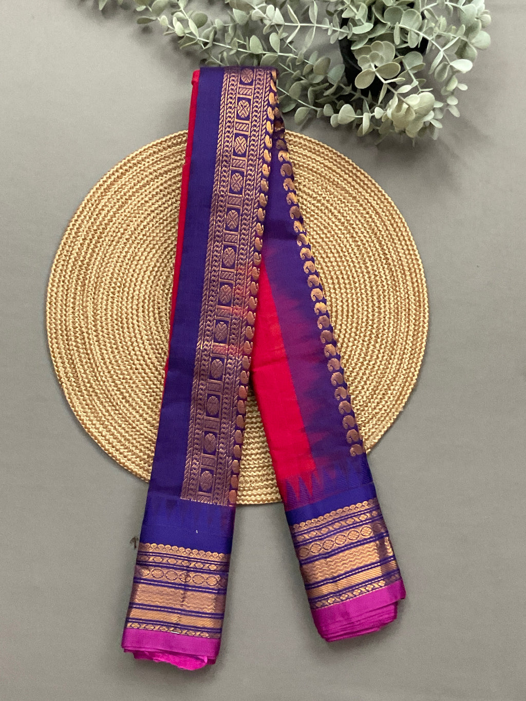 Red sico Gadwal silk saree with purple zari border and pallu from Sri Manisha Sarees