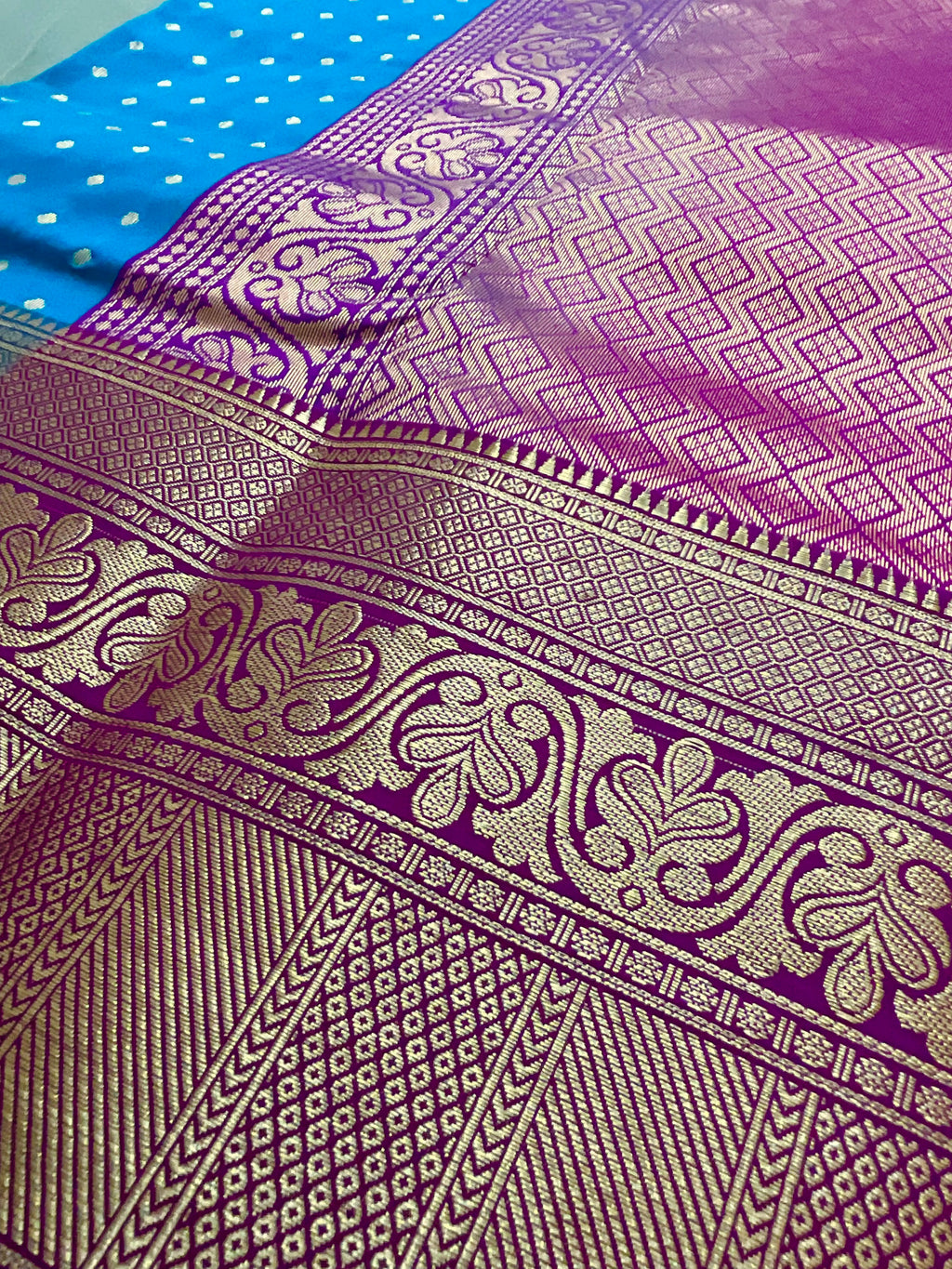 Blue Kanchipuram Silk Saree – Purple Contrast Pallu & Purple Heavy Border with Blouse