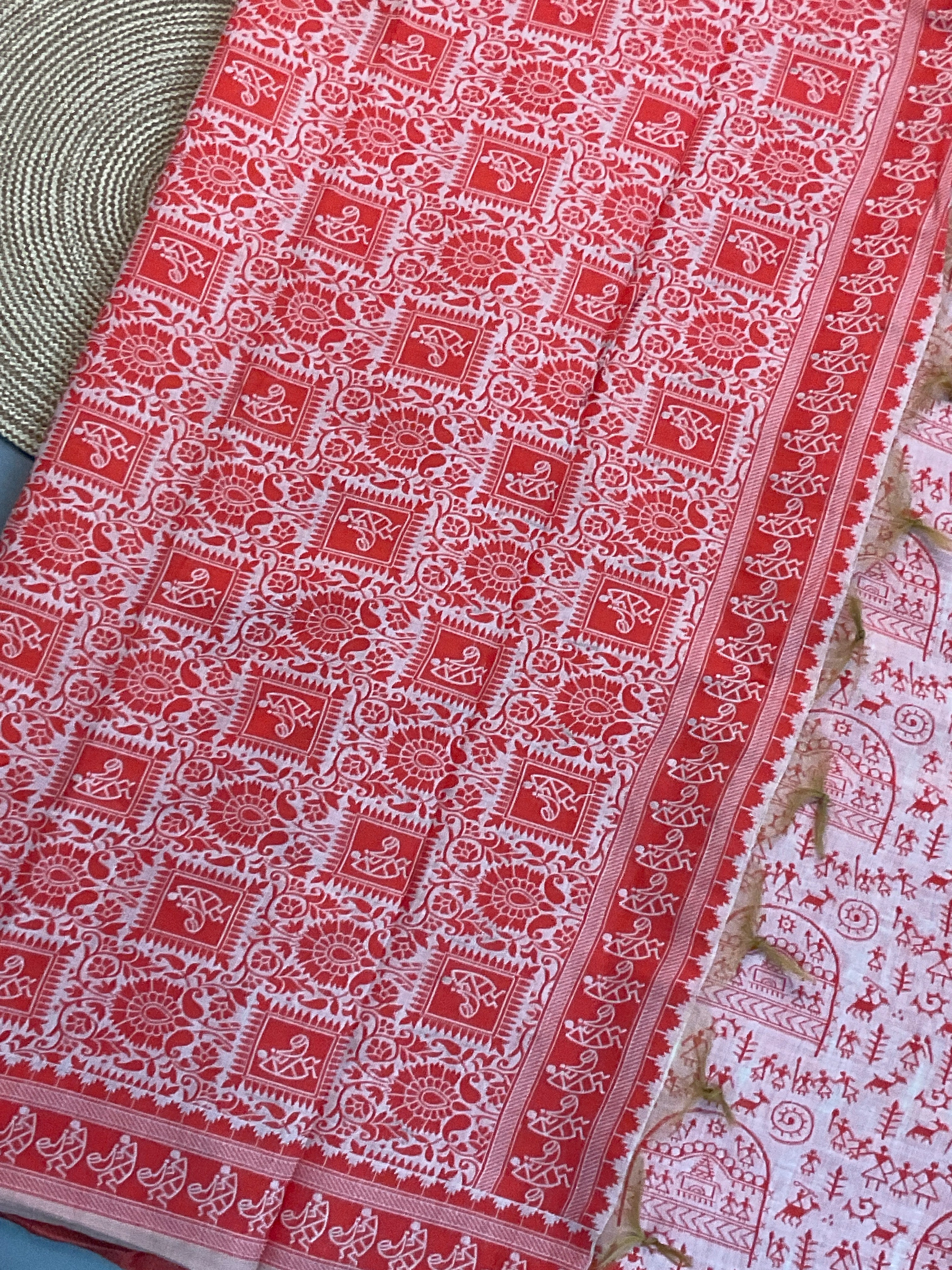 Orange Kalamkari Cotton-Linen Saree