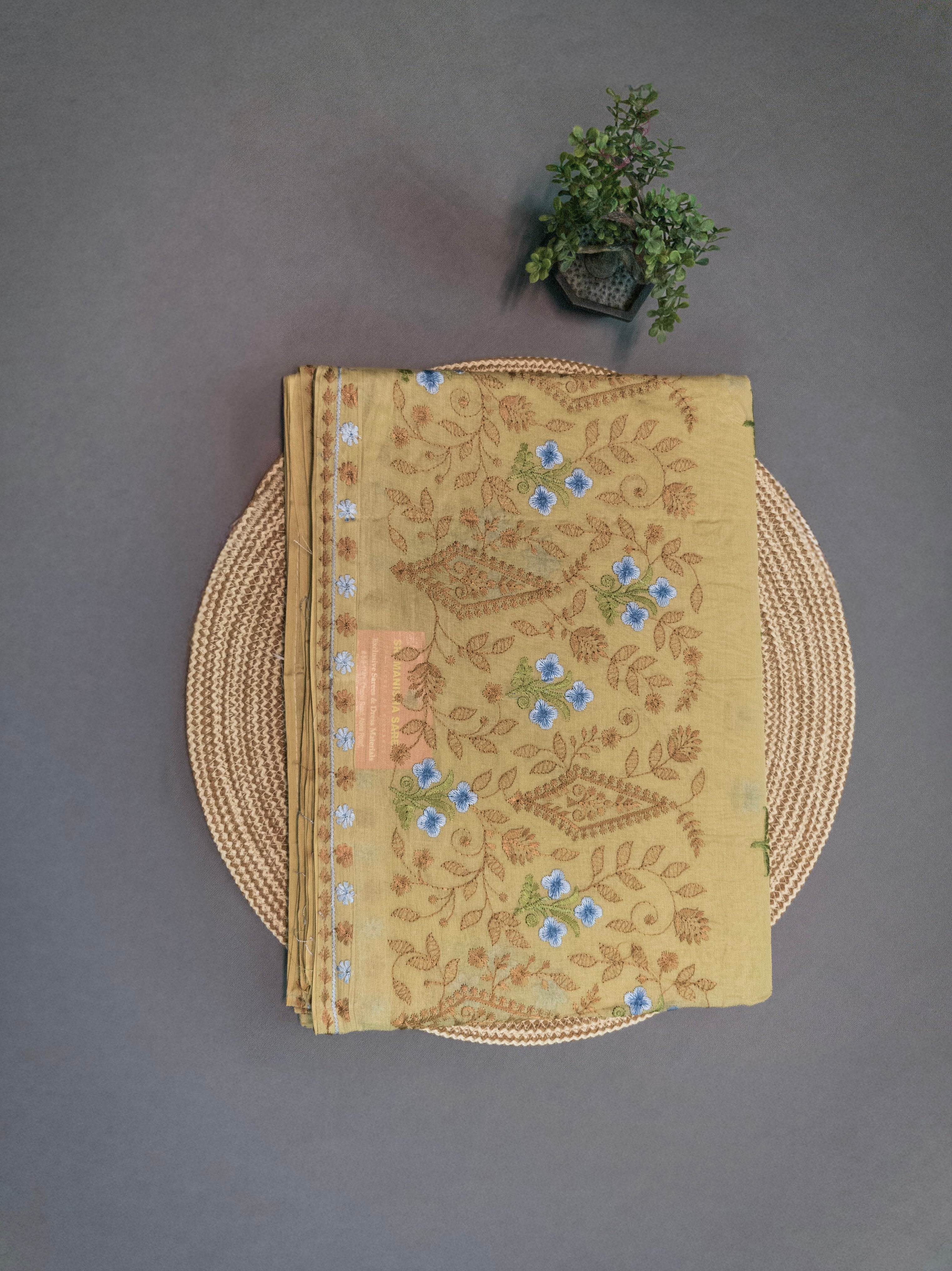 Greenish Hand-Embroidered Mul Cotton Saree
