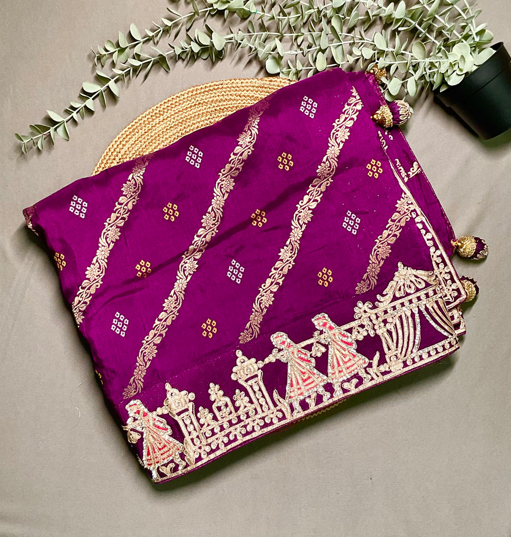 Deep Purple Pure Handloom Silk Saree – Bandhej Weave, Rajwada Pallu & Heavy Embroidered Border