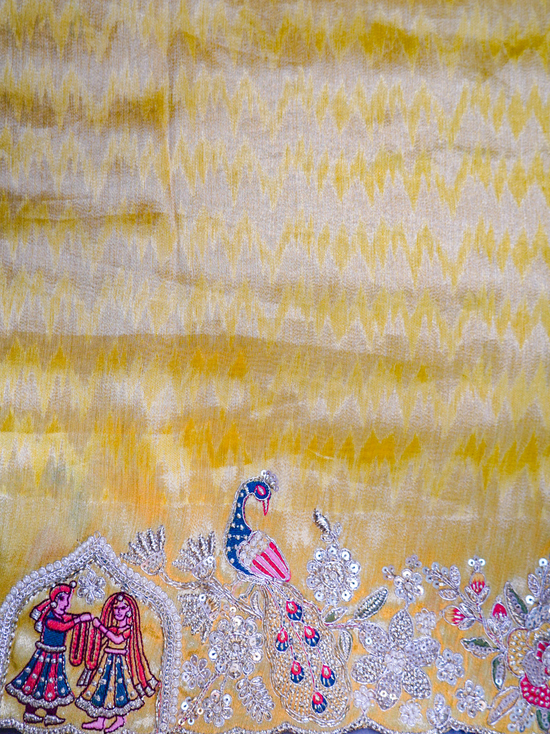 Lime Yellow Pure Silk Saree – Peacock & Radha-Krishna Figure Embroidery Designer Saree