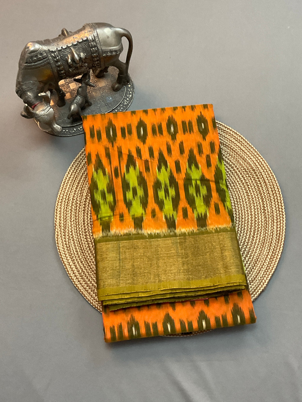 Orange & Green Pochampally Sico Silk Saree