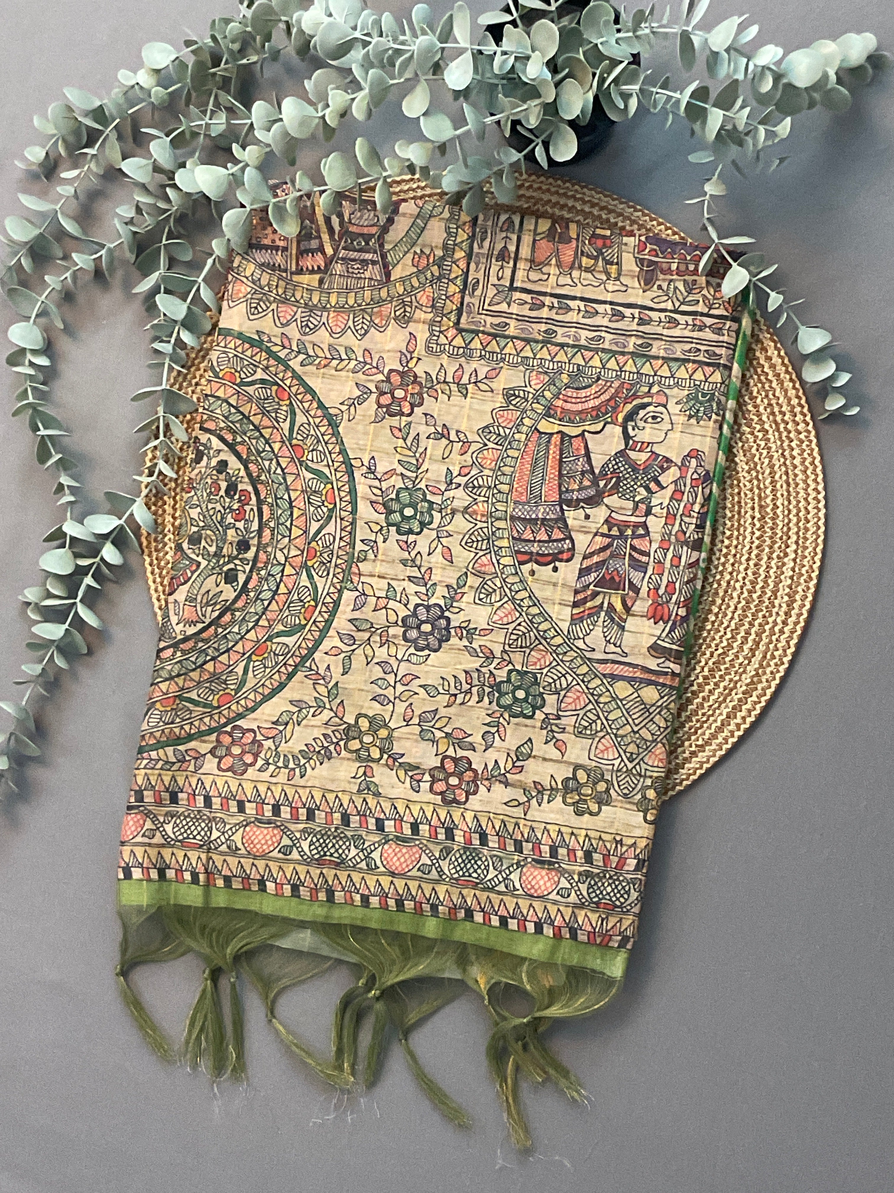 Kalamkari Hand Block Printed Handloom Silk Saree in Green with Designer Pallu & Blouse
