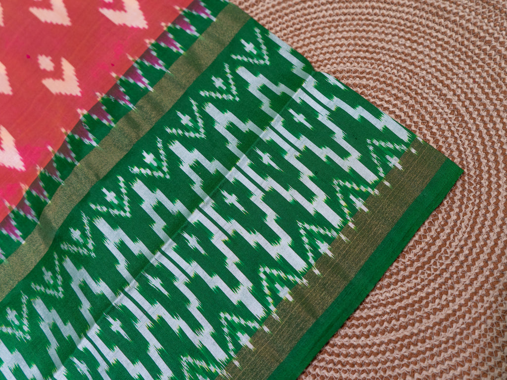 Hot Pink Pochampally Double Ikat Pure Silk Saree — Green Ikat Border & Pallu, Green Zari Blouse