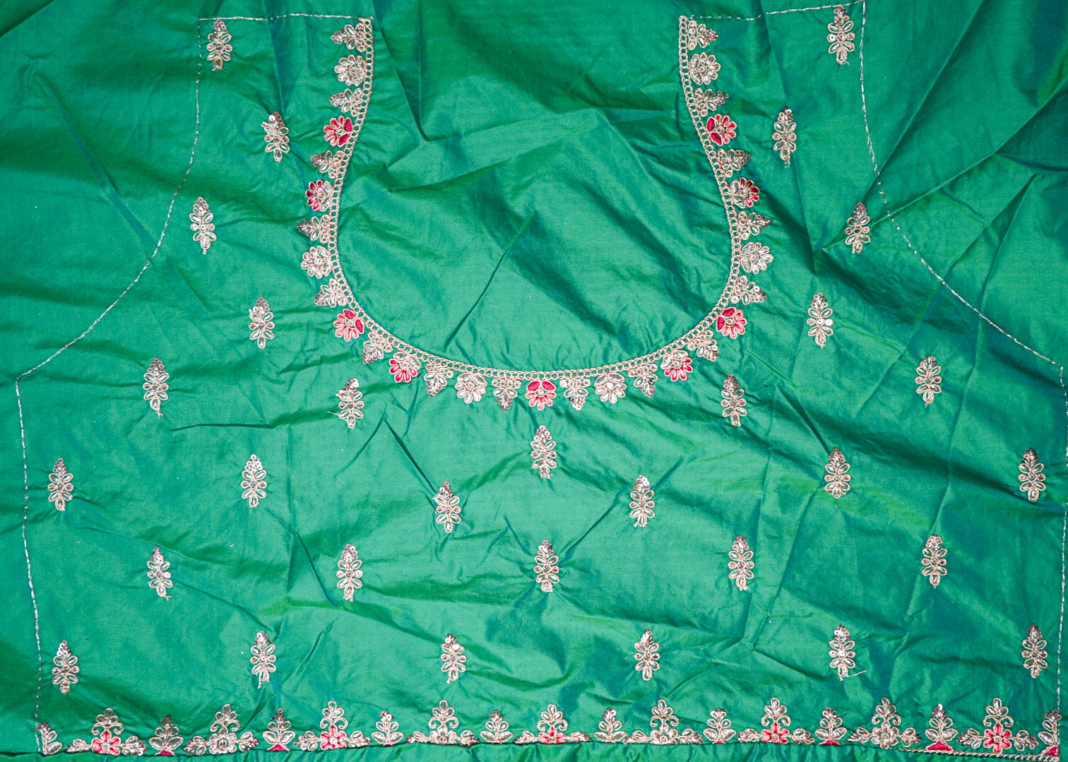 Emerald Green Handloom Silk Lehenga with Silver Zari Temple Weave