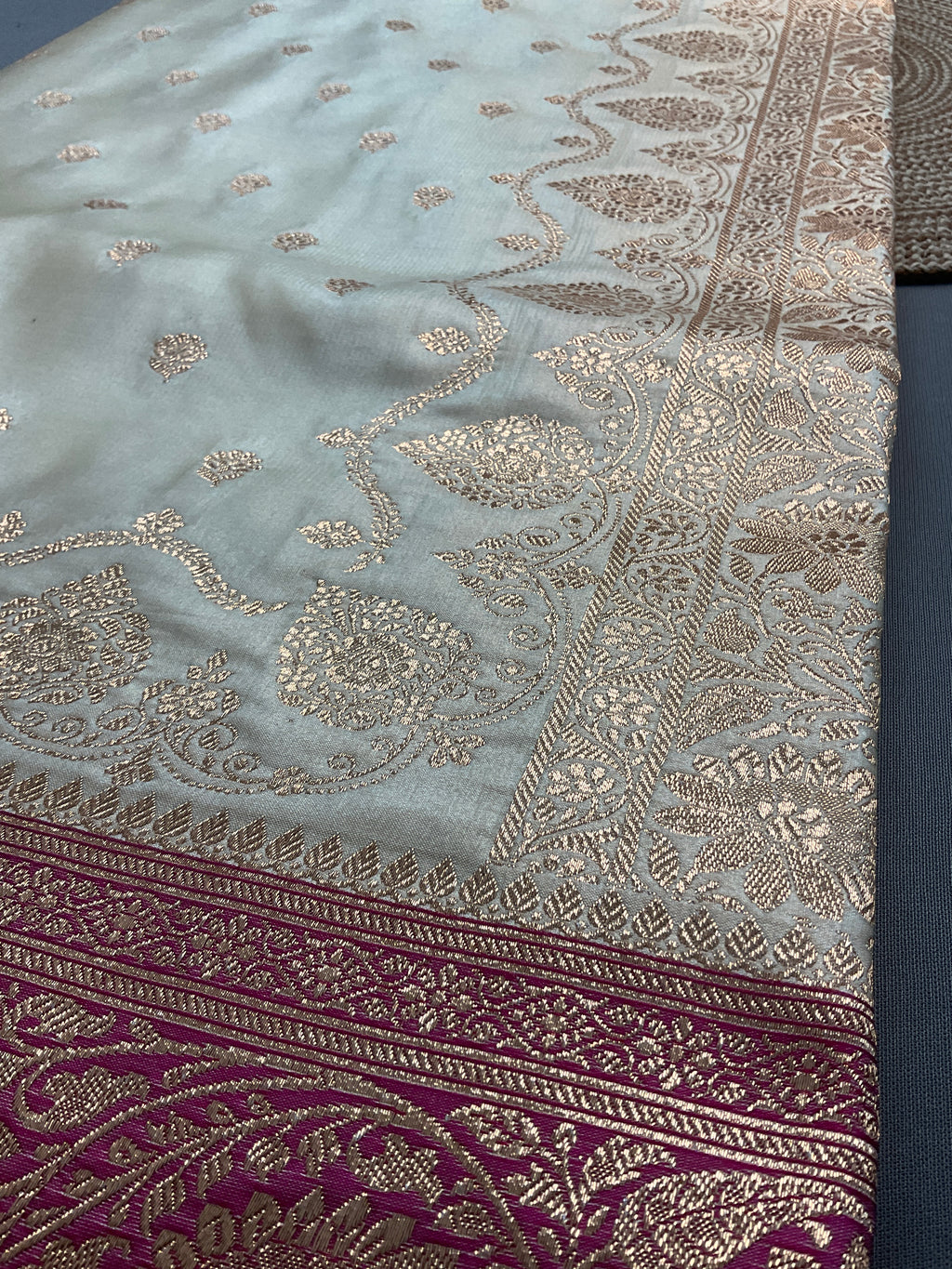 Handloom Banarasi Silk Saree in White with Contrast Pink Border & Designer Pallu