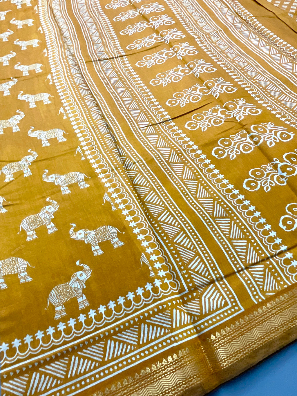Rajwada Style Handprinted Elephant Soft Silk Saree in Mustard with Designer Pallu