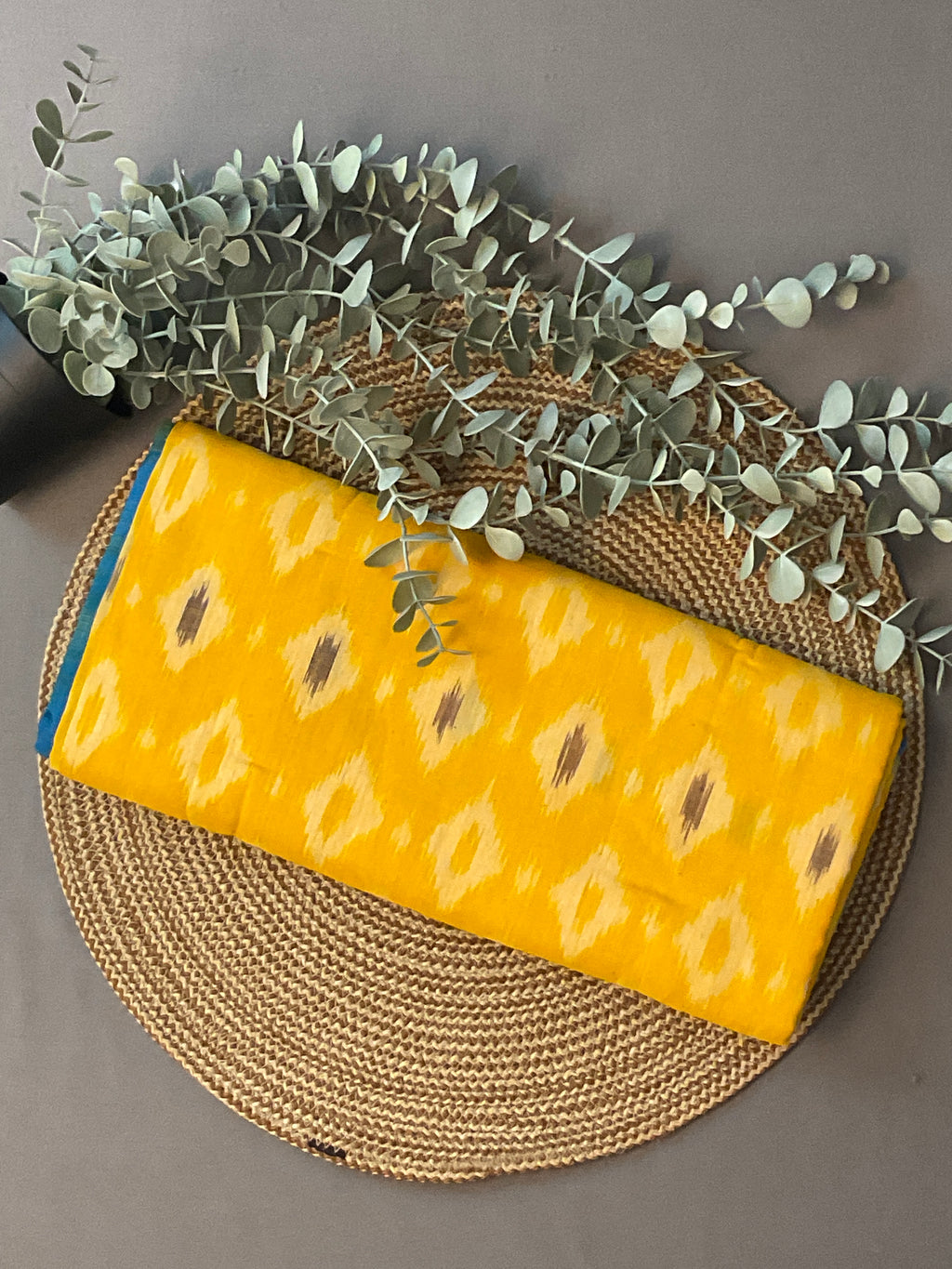 Yellow & Blue Pochampally Ikat Handloom Cotton Saree with Contrast Pallu – Without Blouse