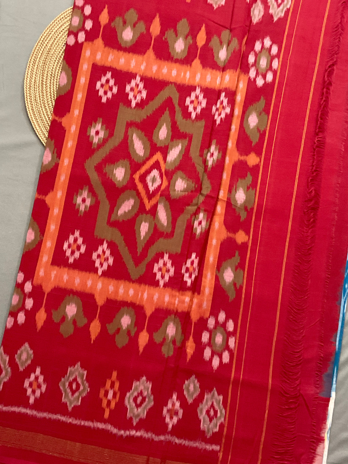 Sky Blue Pochampally Handloom Cotton Saree – Rich Heavy Zari Ikkat Border with Red Blouse