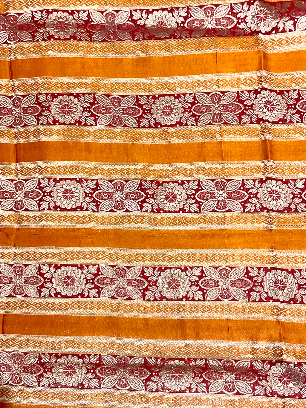 Orange Banarasi Handloom Silk Fabric with Red Stripes & Floral Weave (Per Metre)