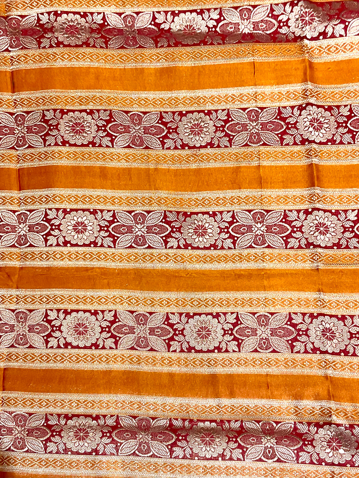 Orange Banarasi Handloom Silk Fabric with Red Stripes & Floral Weave (Per Metre)