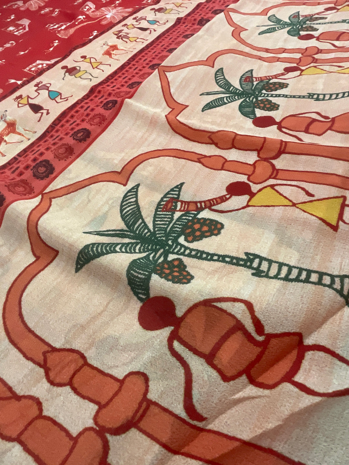 Kalamkari Vareli Printed Flowing Georgette Saree with Printed Border, Designer Pallu & Blouse – Red