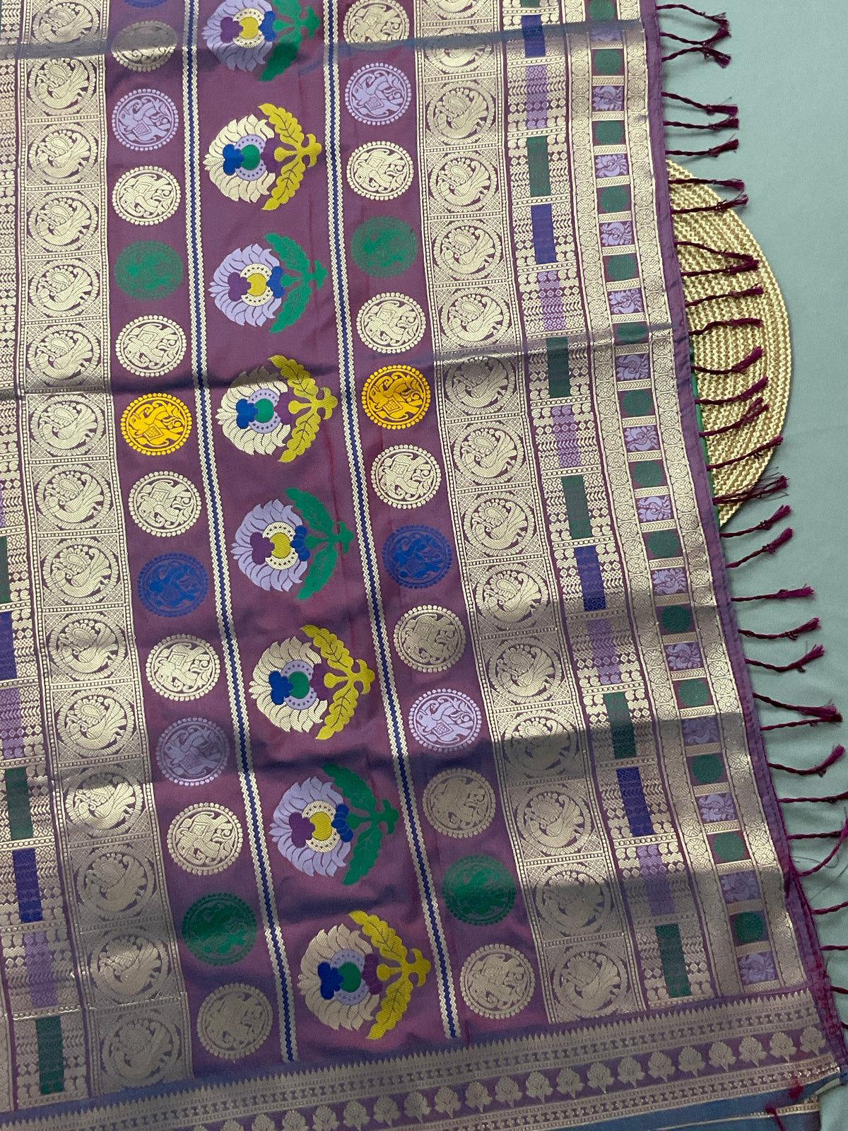 Vibrant Green Jamdani Silk Saree with Temple Border and Magenta Pallu