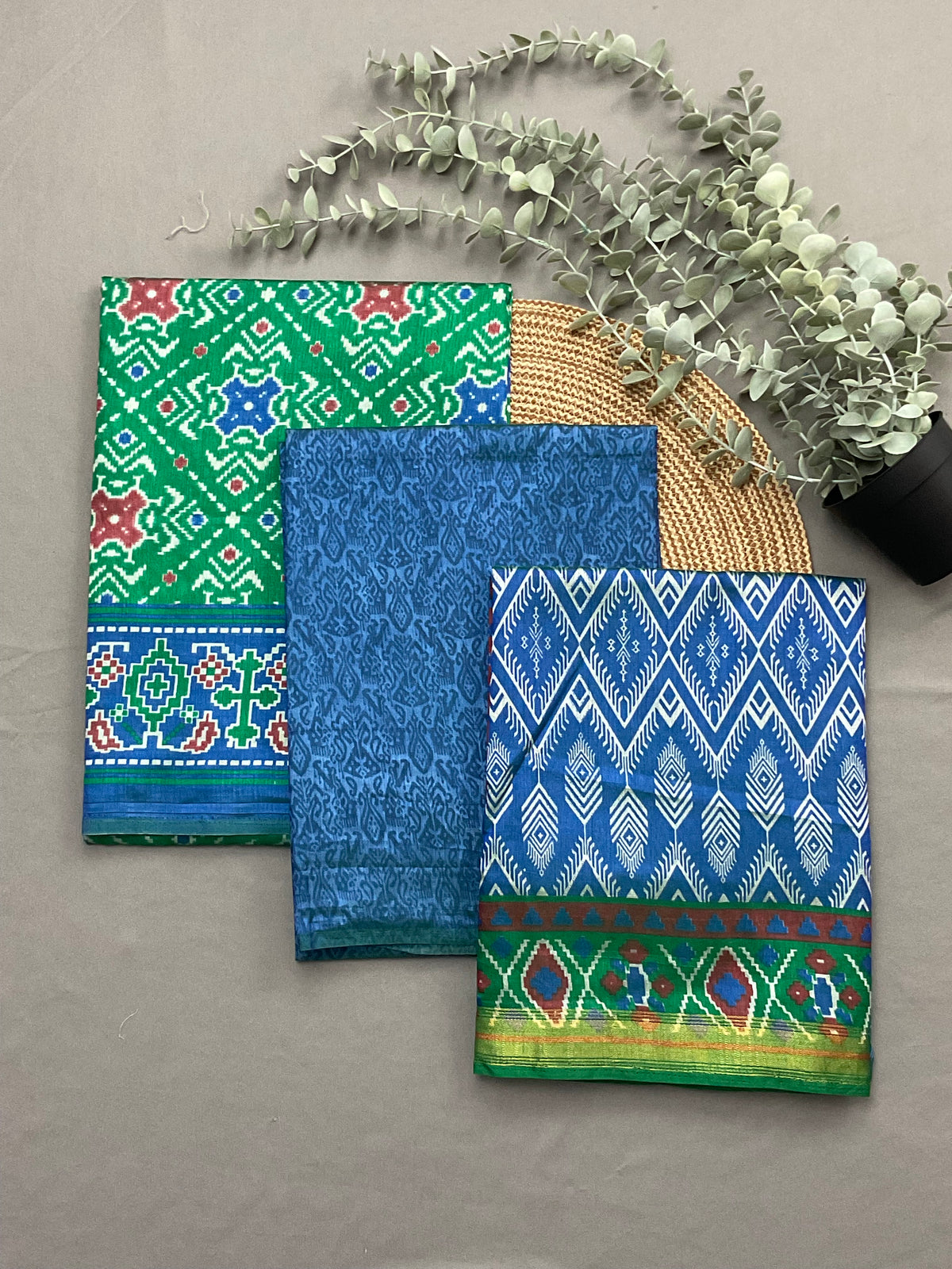Green patola print soft silk dress material with royal blue designer dupatta and bottom - full 3 piece set