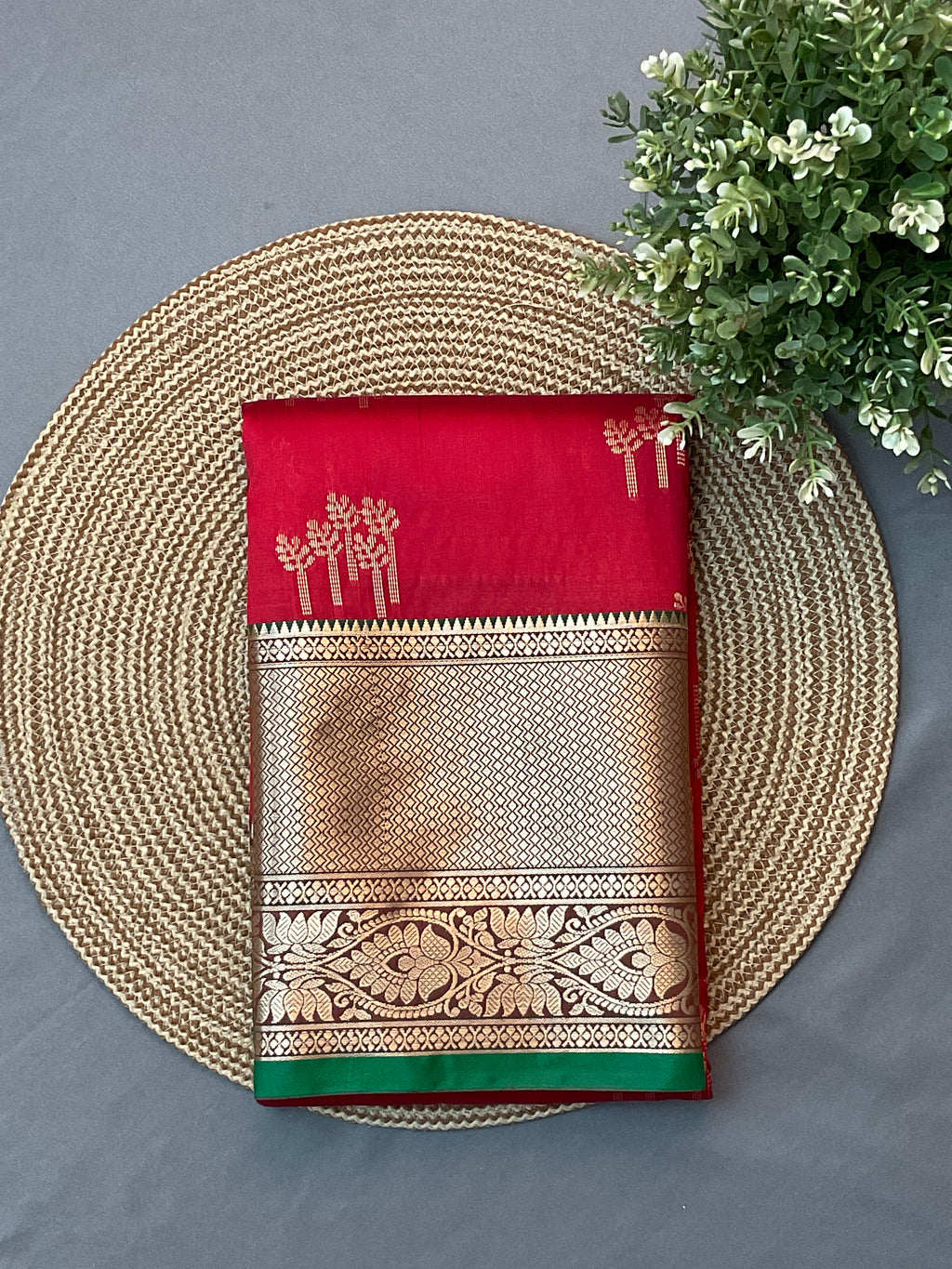 Kanchipuram Pattu Silk Saree in Red with Contrast Pallu & Kanchi Border Blouse