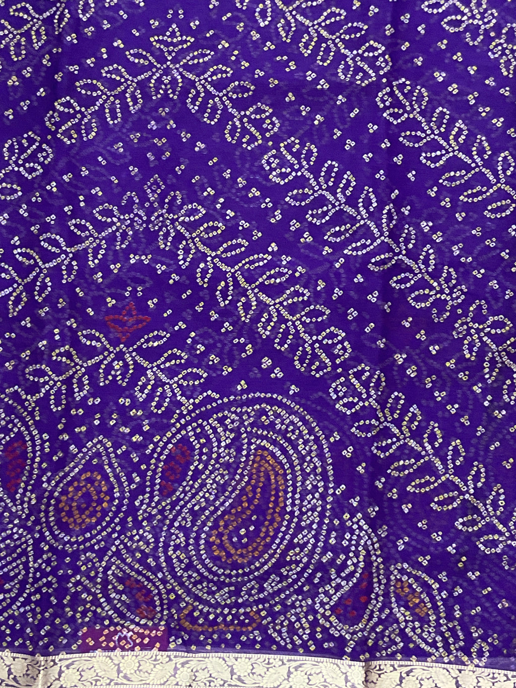 Bandini Printed Georgette Saree with Golden Weaving Border, Designer Pallu & Blouse – Purple