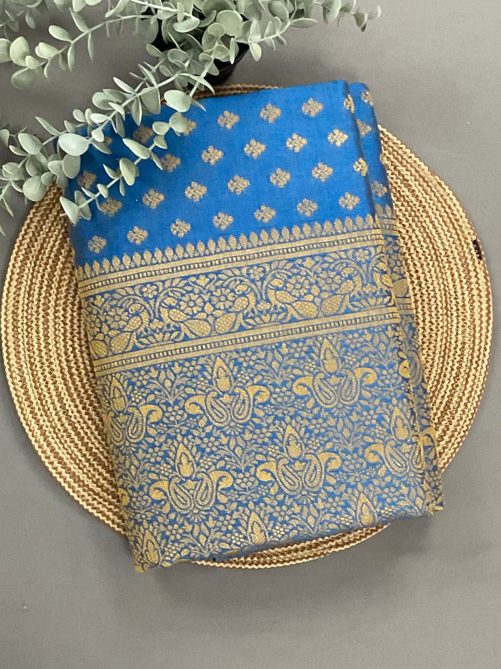 Royal blue handloom cotton silk saree with zari butti