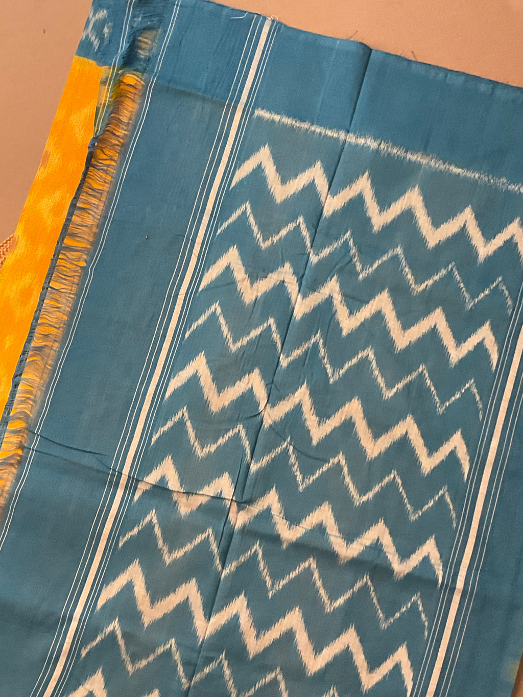 Yellow & Blue Pochampally Ikat Handloom Cotton Saree with Contrast Pallu – Without Blouse