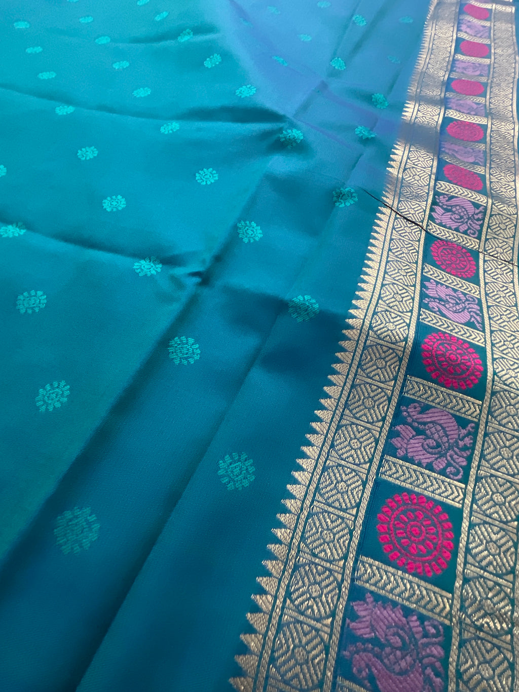 Vibrant Purple Jamdani Silk Saree with Temple Border and Blue-Green Pallu