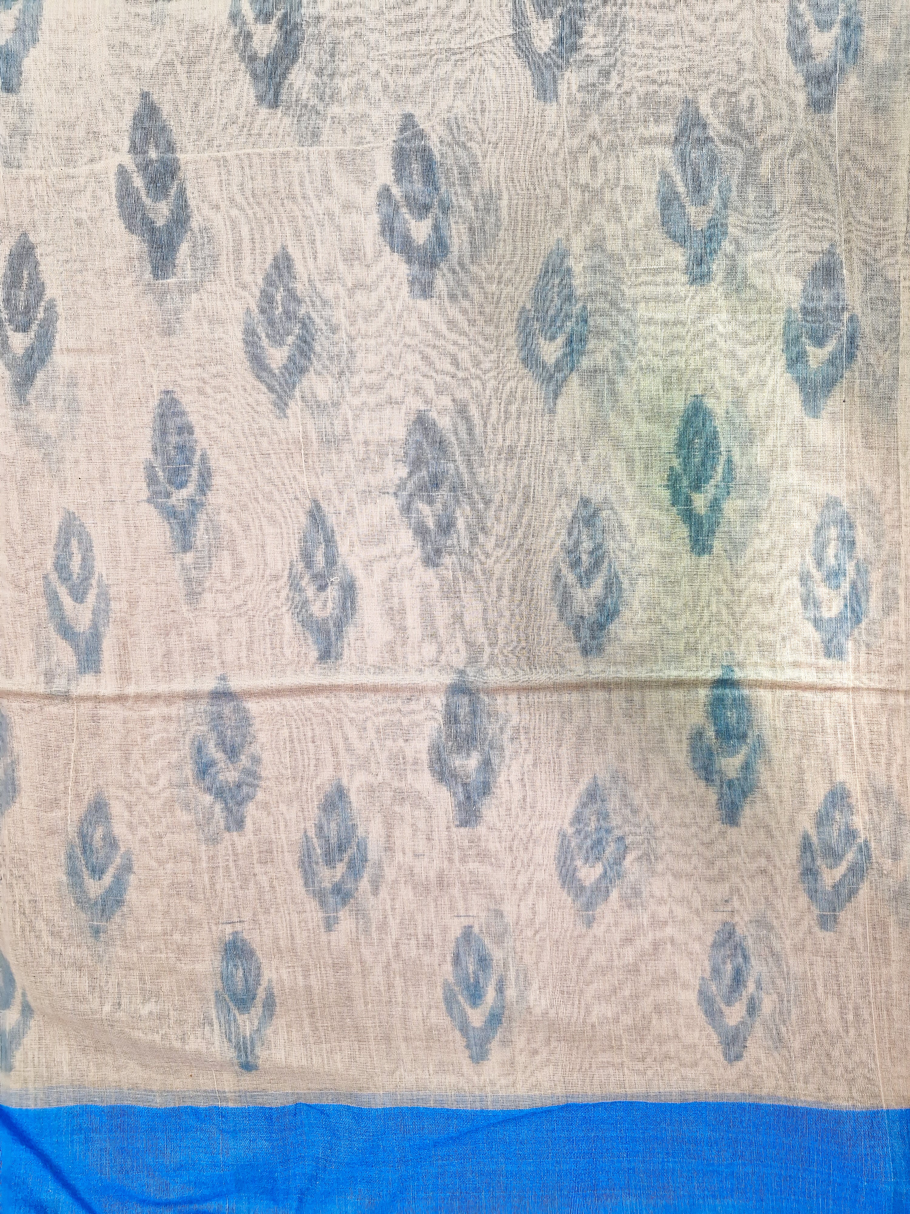 Cream & Grey Handloom Ikat Cotton Saree with Tassel Pallu