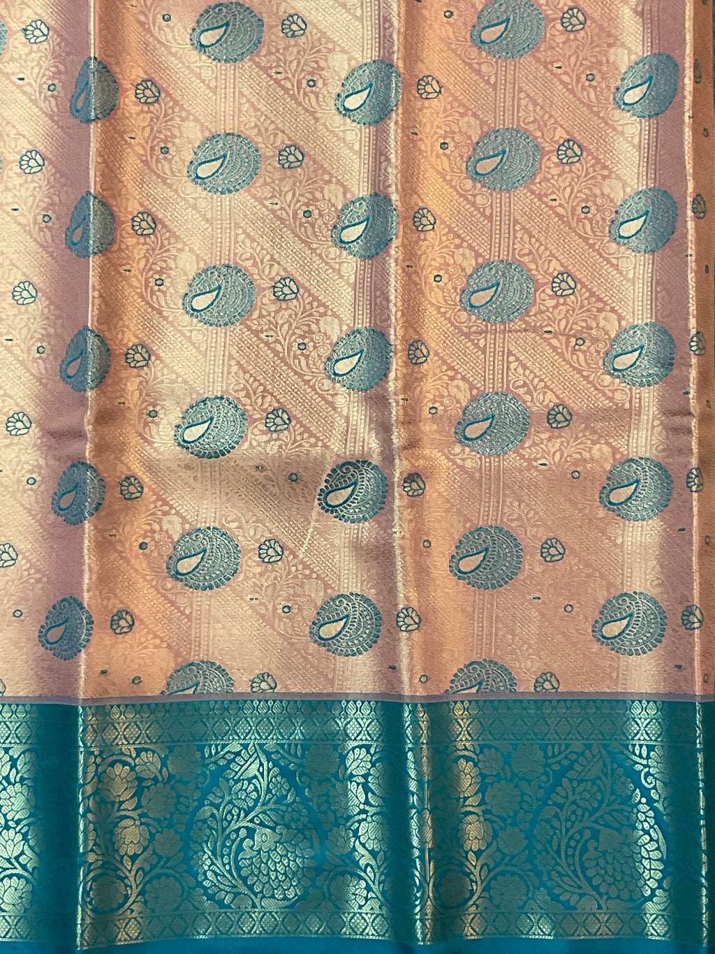 Orange Kanchipattu Silk Saree with Contrast Green Border & Pallu
