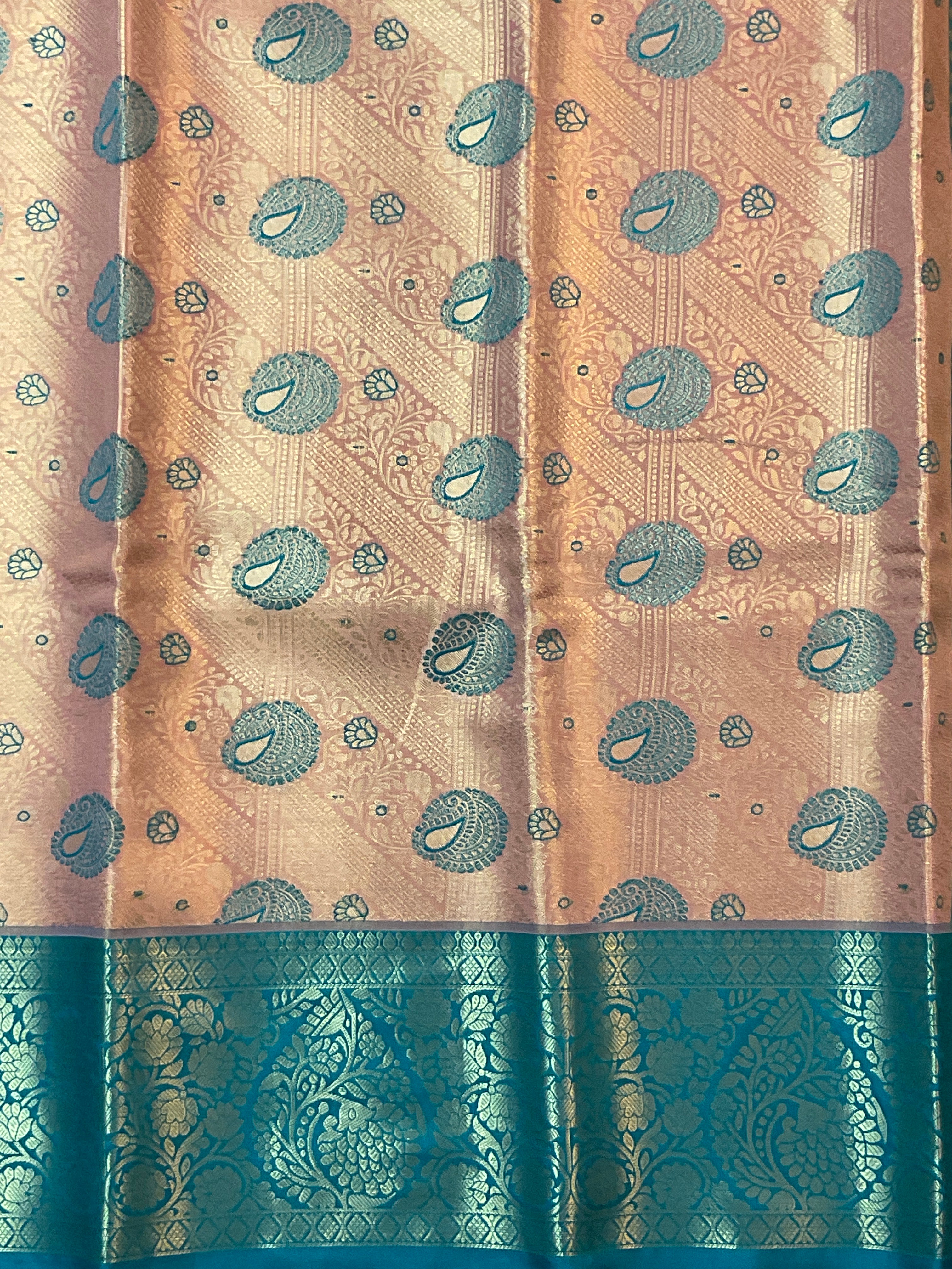 Orange Kanchipattu Silk Saree with Contrast Green Border & Pallu