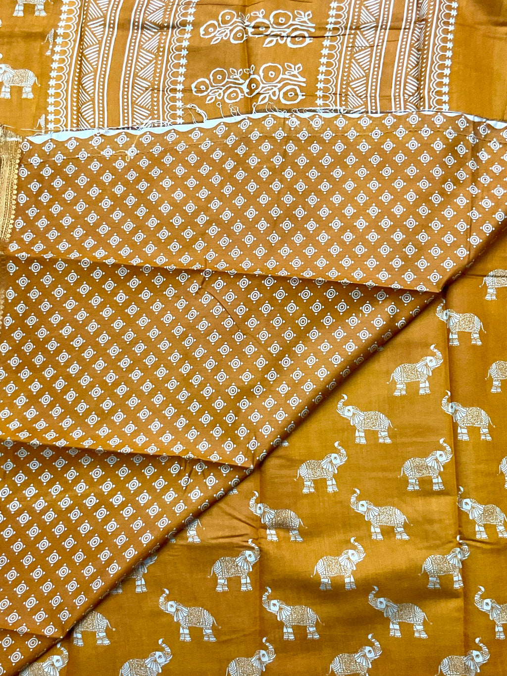 Rajwada Style Handprinted Elephant Soft Silk Saree in Mustard with Designer Pallu