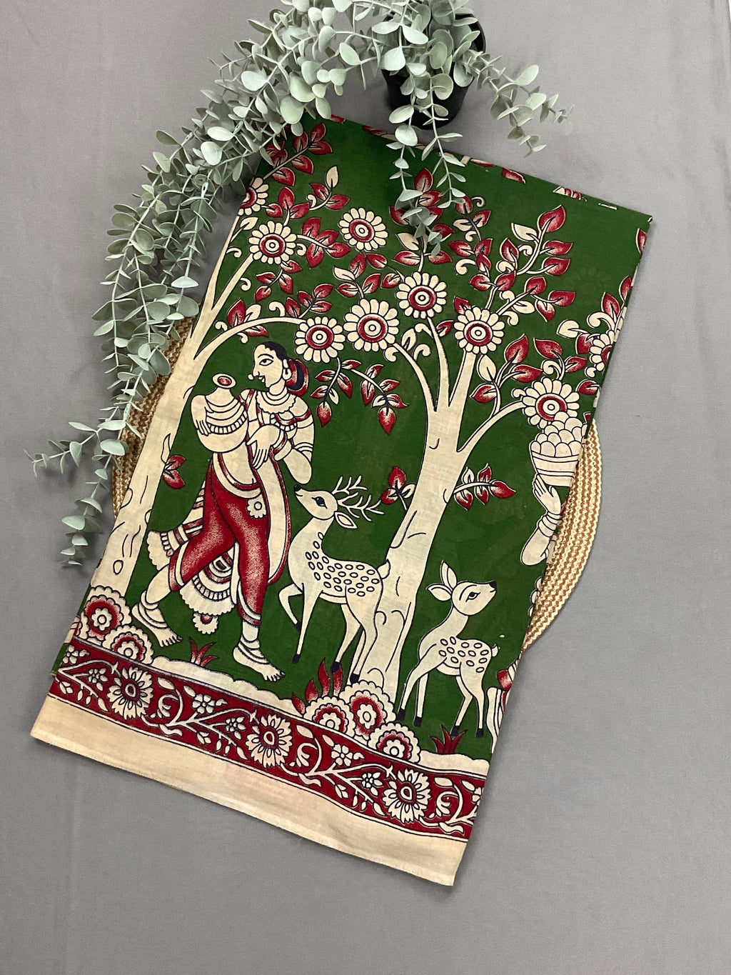 Kalamkari Hand Block Print Mul Cotton Saree – Olive Green | With Blouse Piece
