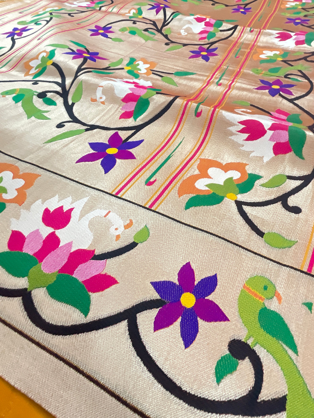 Orange Paithani silk saree border detail