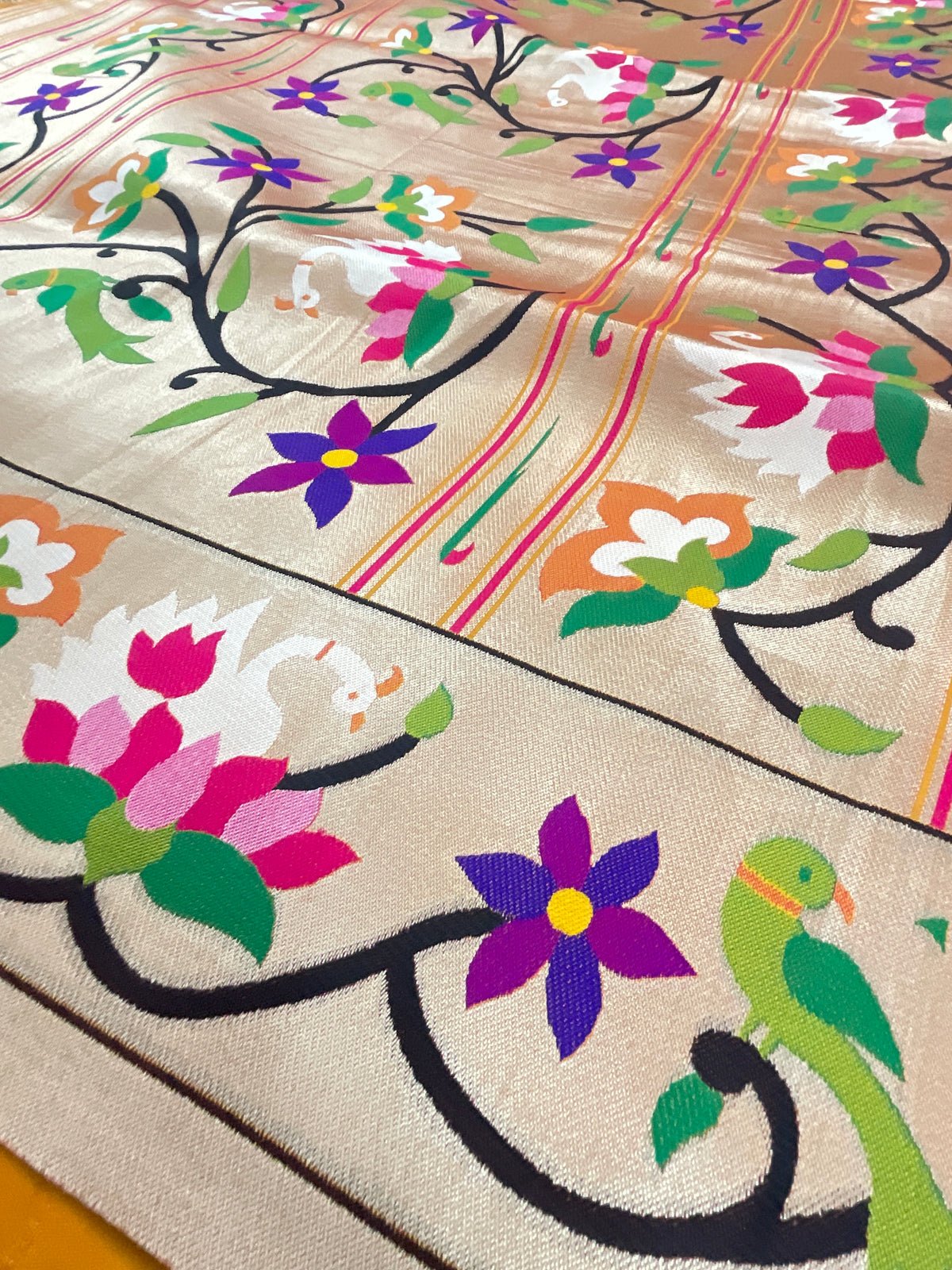 Orange Paithani silk saree border detail