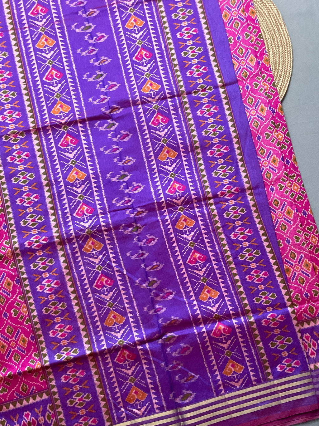 Pochampally Cotton Silk Ikkat Patola Print Saree in Pink with Dark Violet Designer Pallu