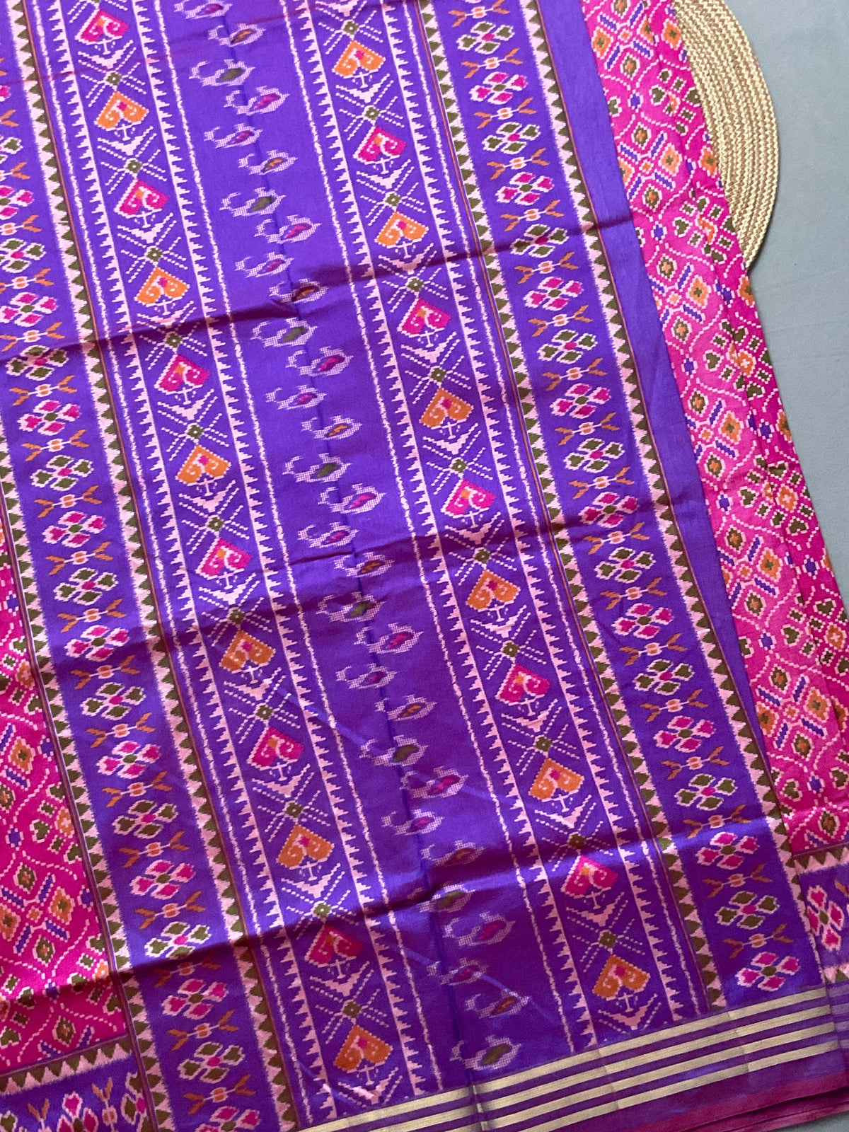 Pochampally Cotton Silk Ikkat Patola Print Saree in Pink with Dark Violet Designer Pallu