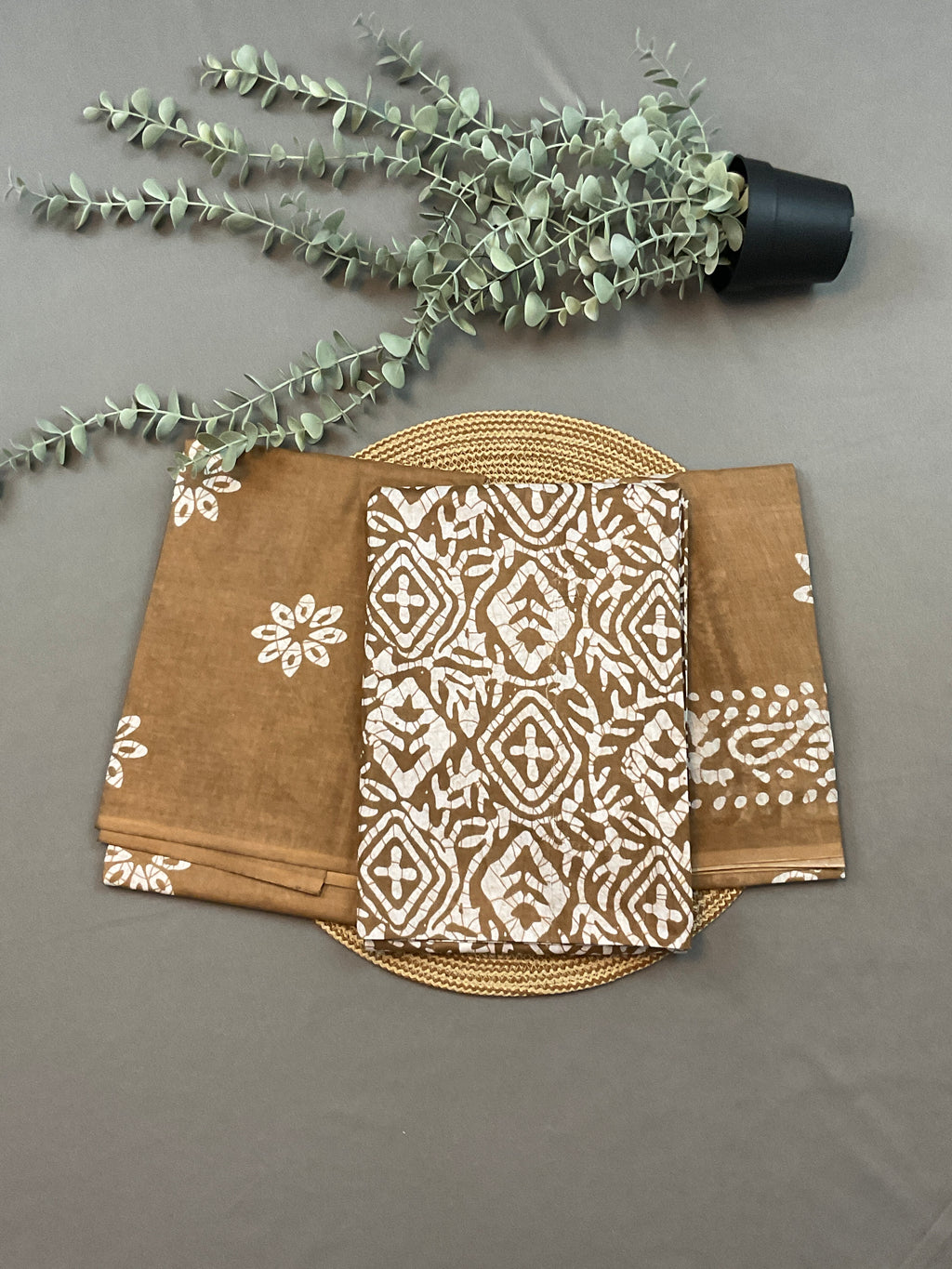 Brown Hand Batik Print Cotton Dress Material – Unstitched 3-Piece Suit (Design 2)