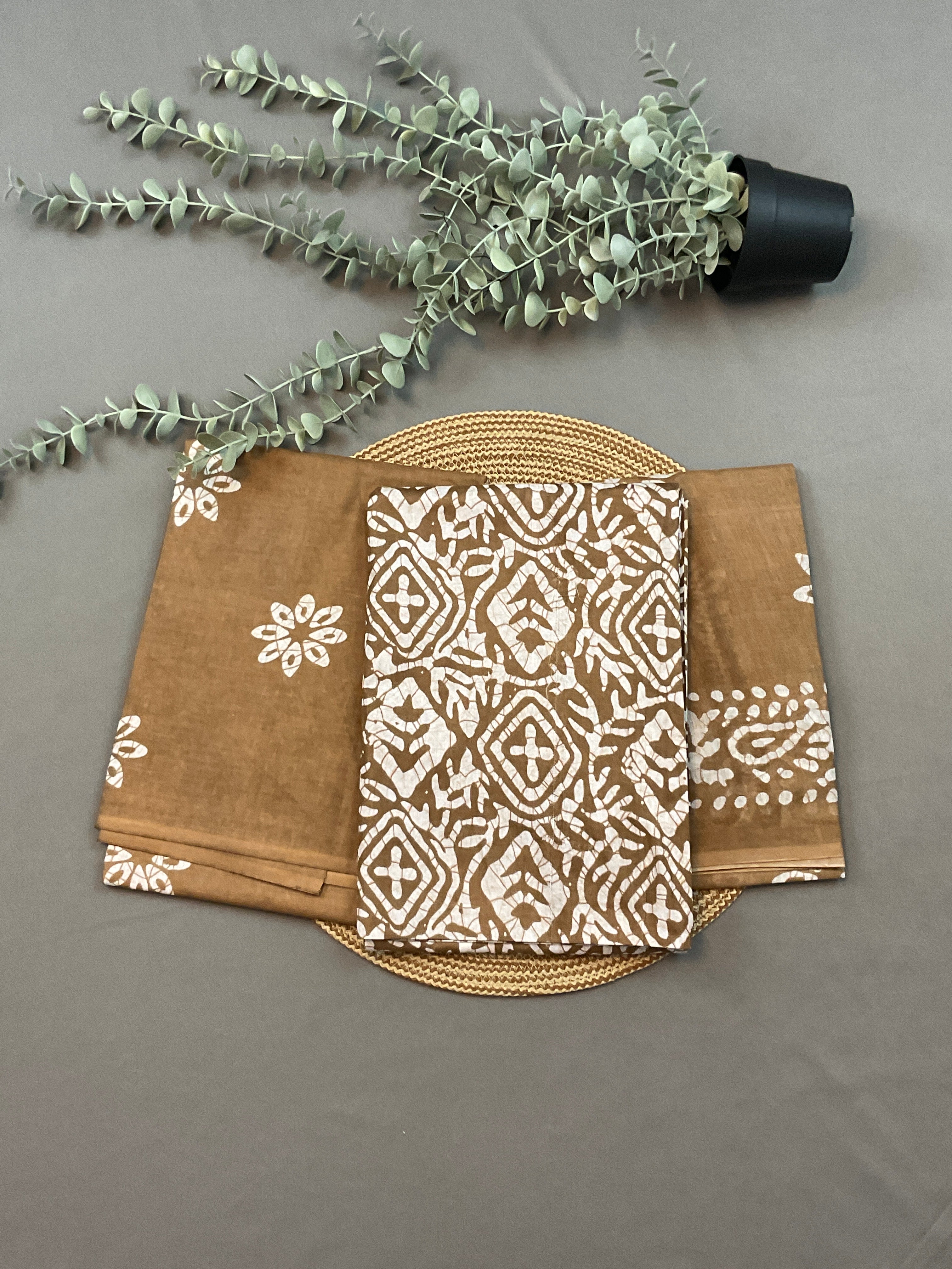Brown Hand Batik Print Cotton Dress Material – Unstitched 3-Piece Suit (Design 2)
