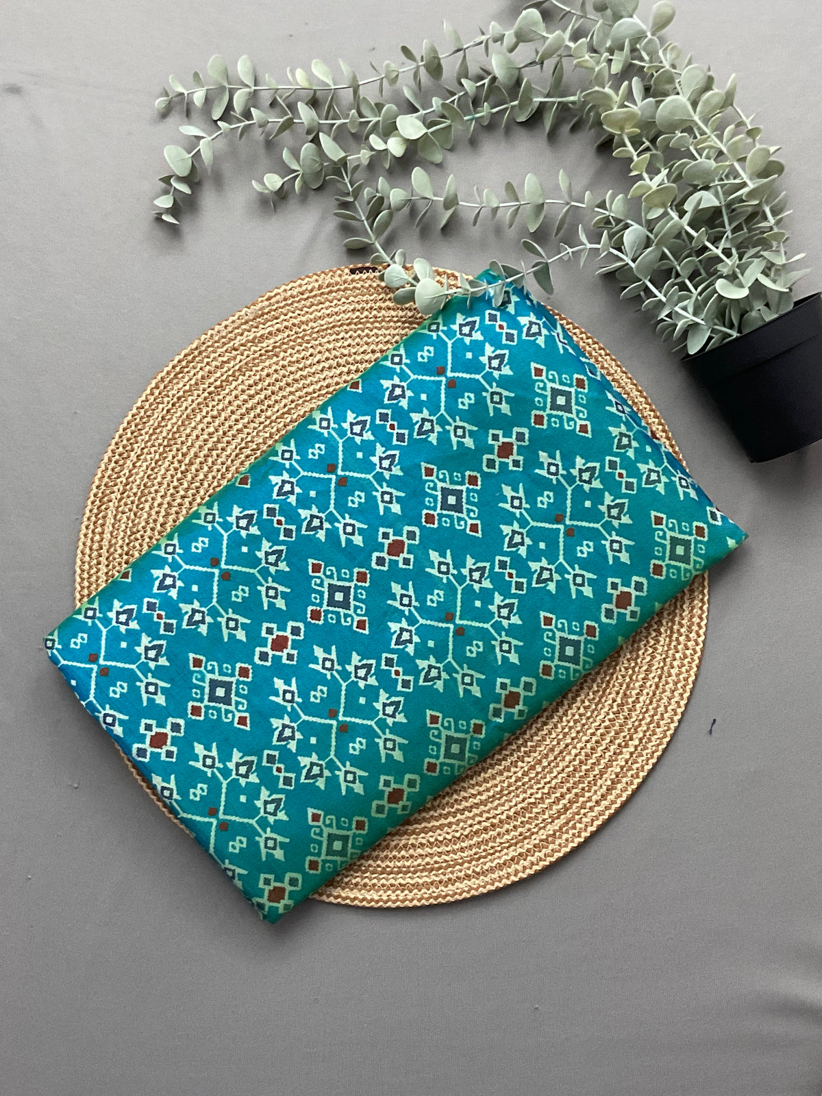 Pochampally Cotton Silk Ikkat Patola Print Saree in Ferozi Blue with Dark Blue Designer Pallu
