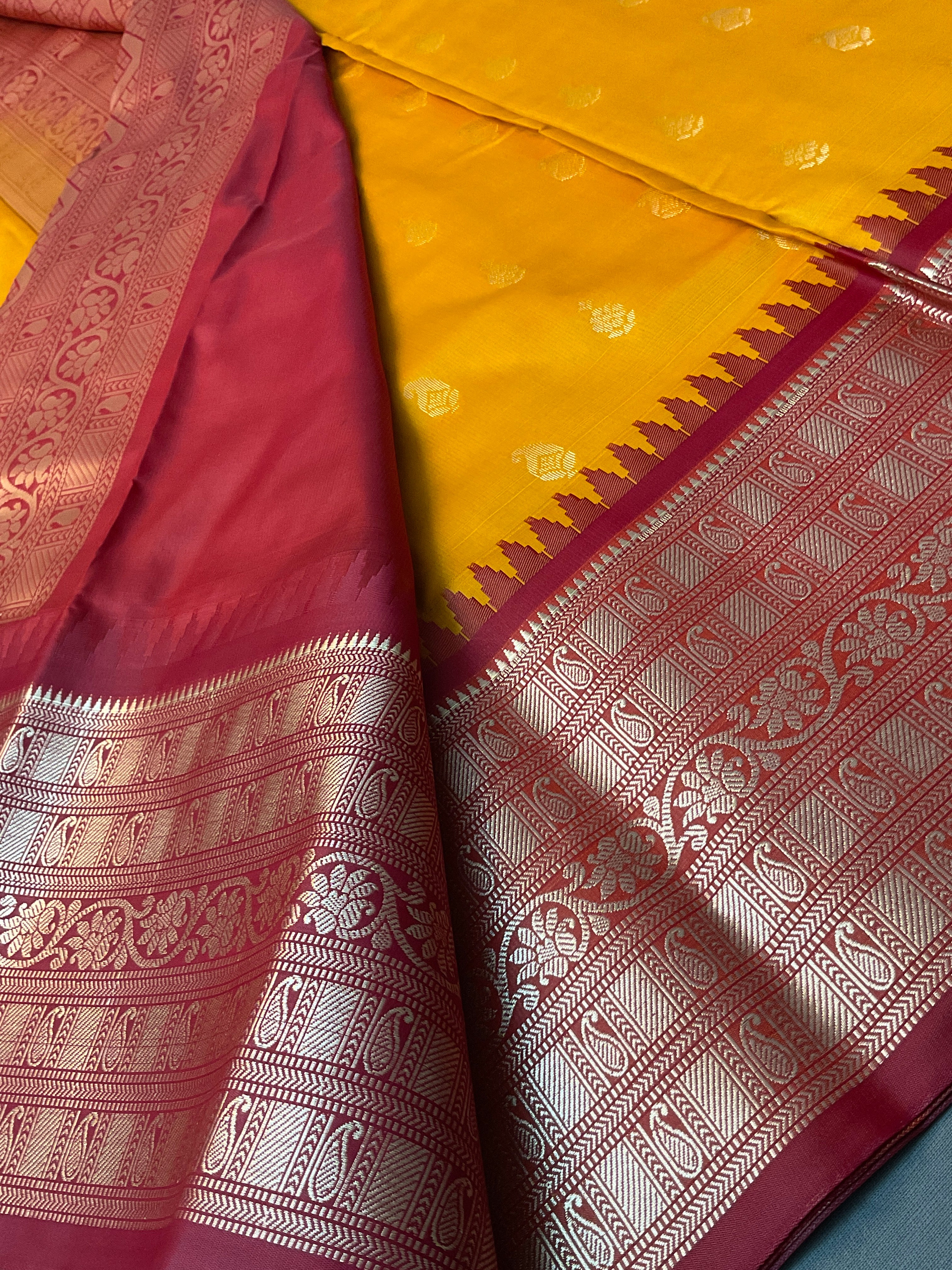 Kanchipuram Pattu Silk Saree in Mustard with Contrast Pallu & Kanchi Border Blouse