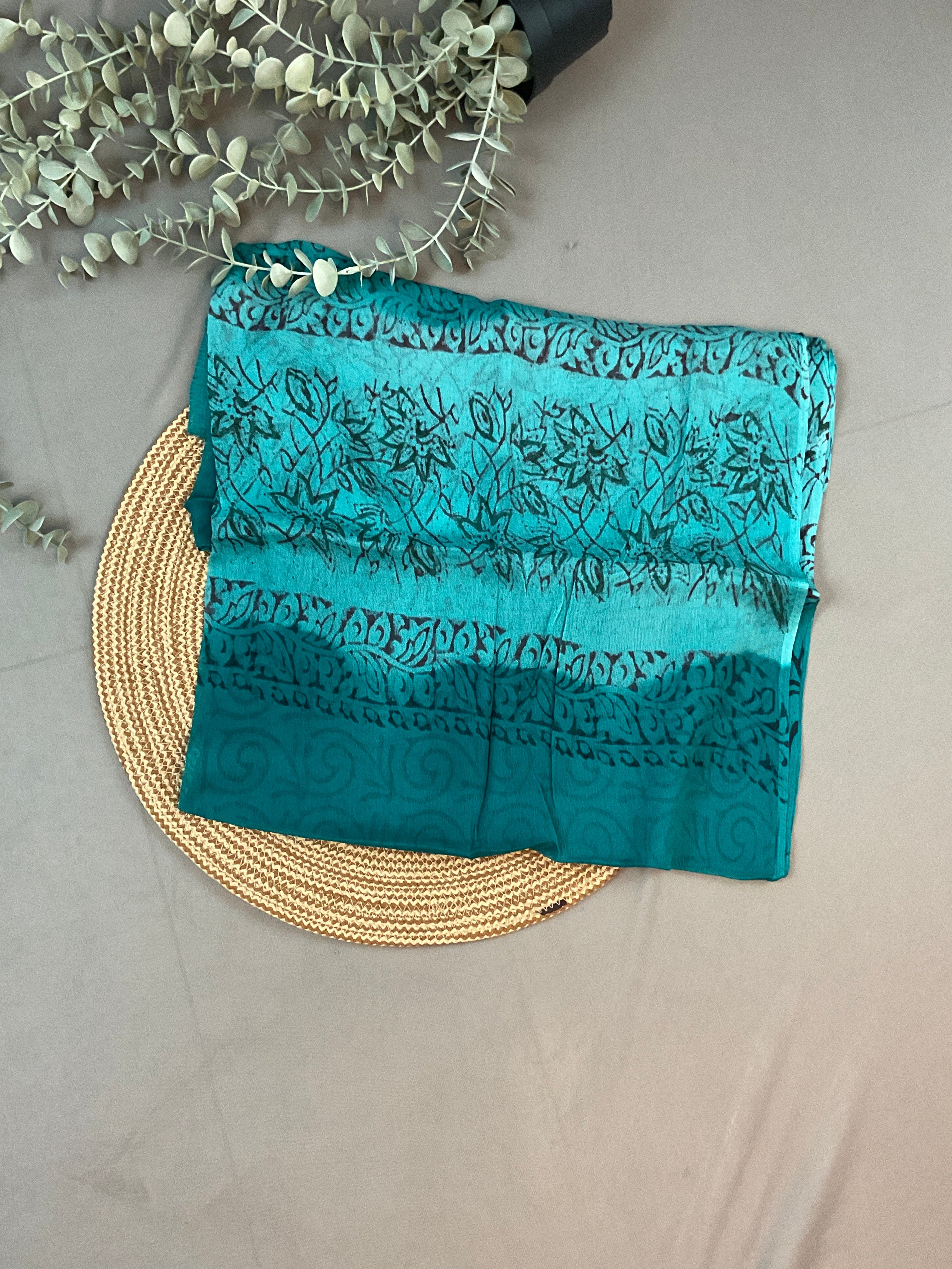 Blue Green Block Print Dress Material